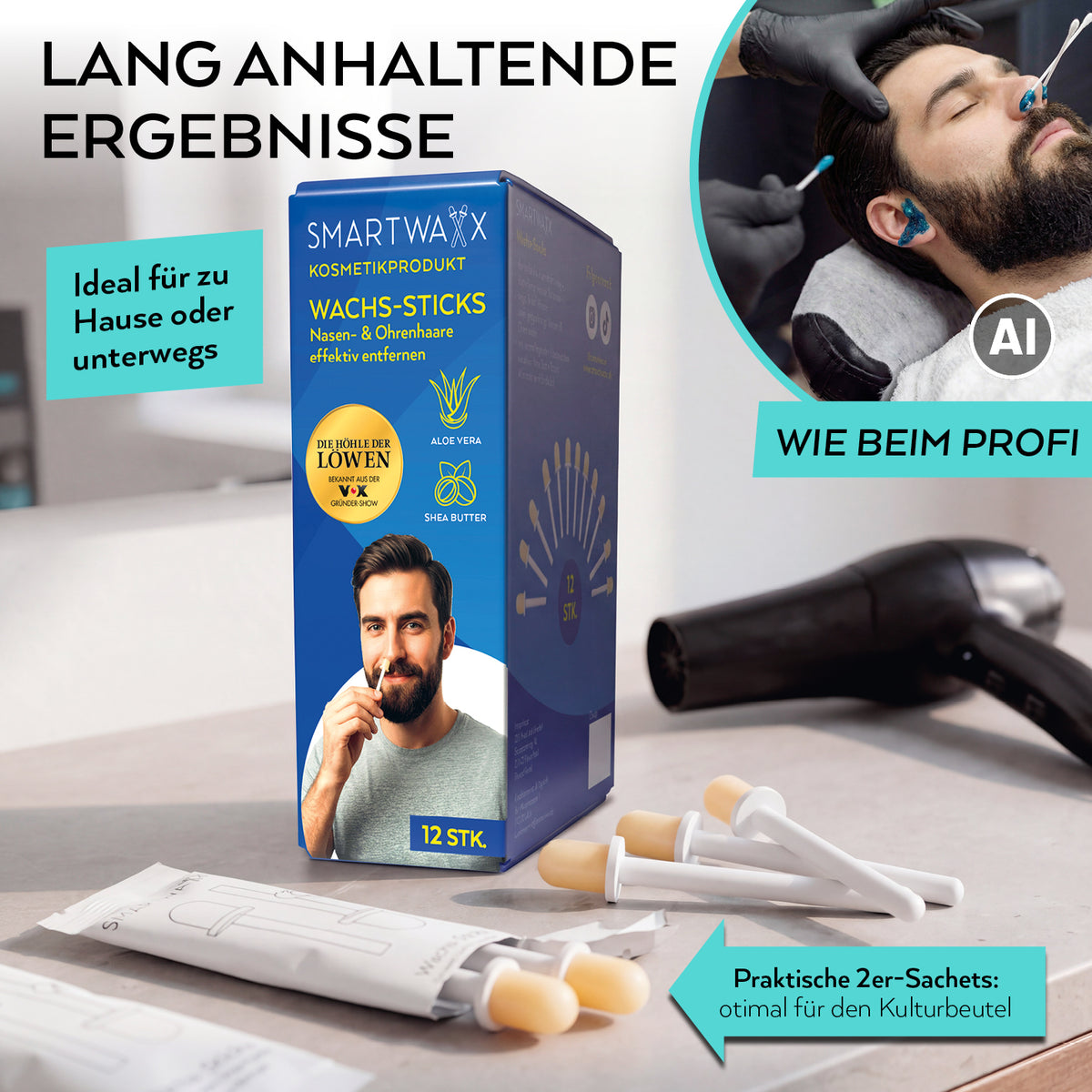 Wachs-Sticks zur Entfernung von Nasen- & Ohrenhaaren - 12er-Set mit Packung und einzelnen Sticks zur Anwendung