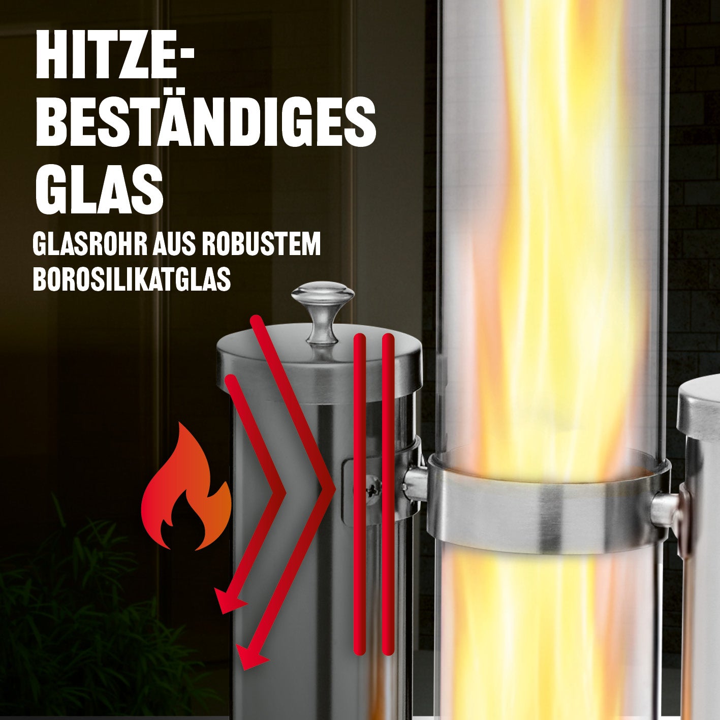 Pellet-Feuersäule mit 2 Einfüllschächten zeigt hitzebeständiges Glasrohr aus robustem Borosilikatglas, Galerieposition 2 quadratisch 1417x1417