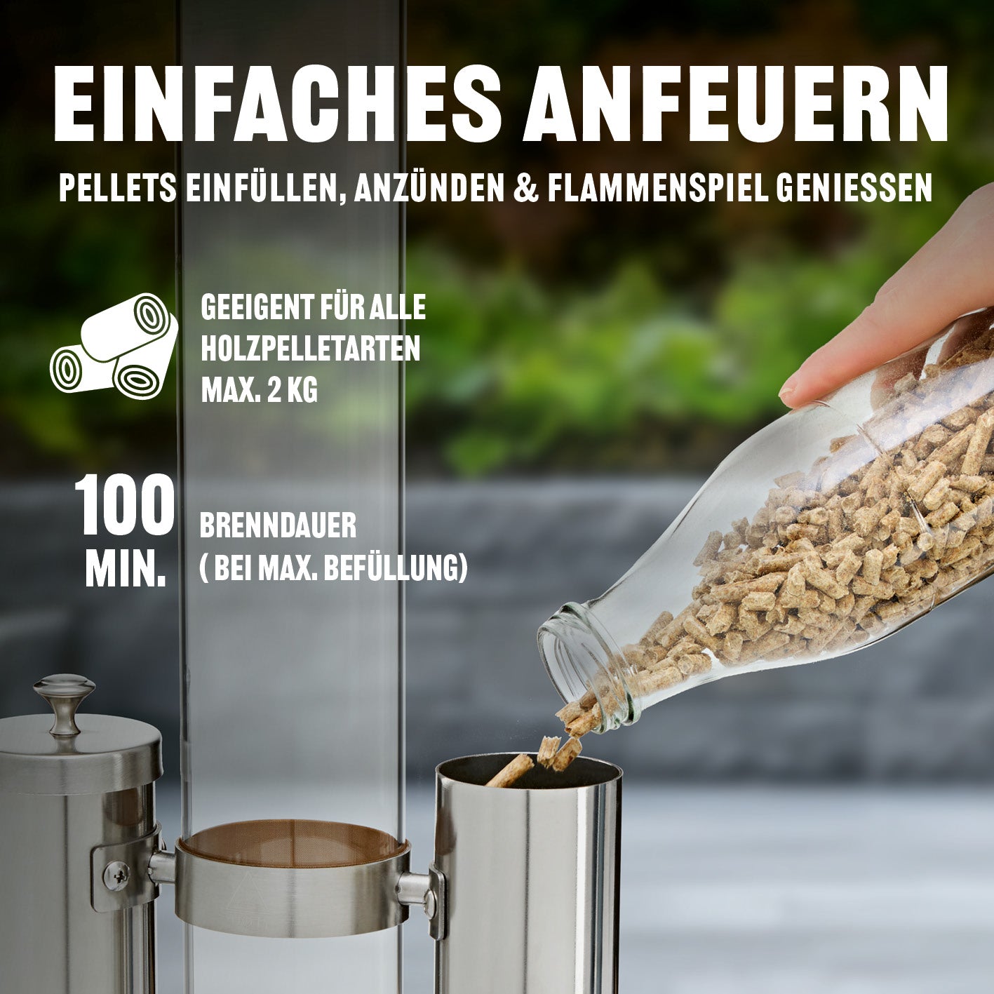 Pellet-Feuersäule mit 2 Einfüllschächten zeigt Befüllung mit Holzpellets in stilvollem Glasrohr, Galerieposition 4 quadratisch.