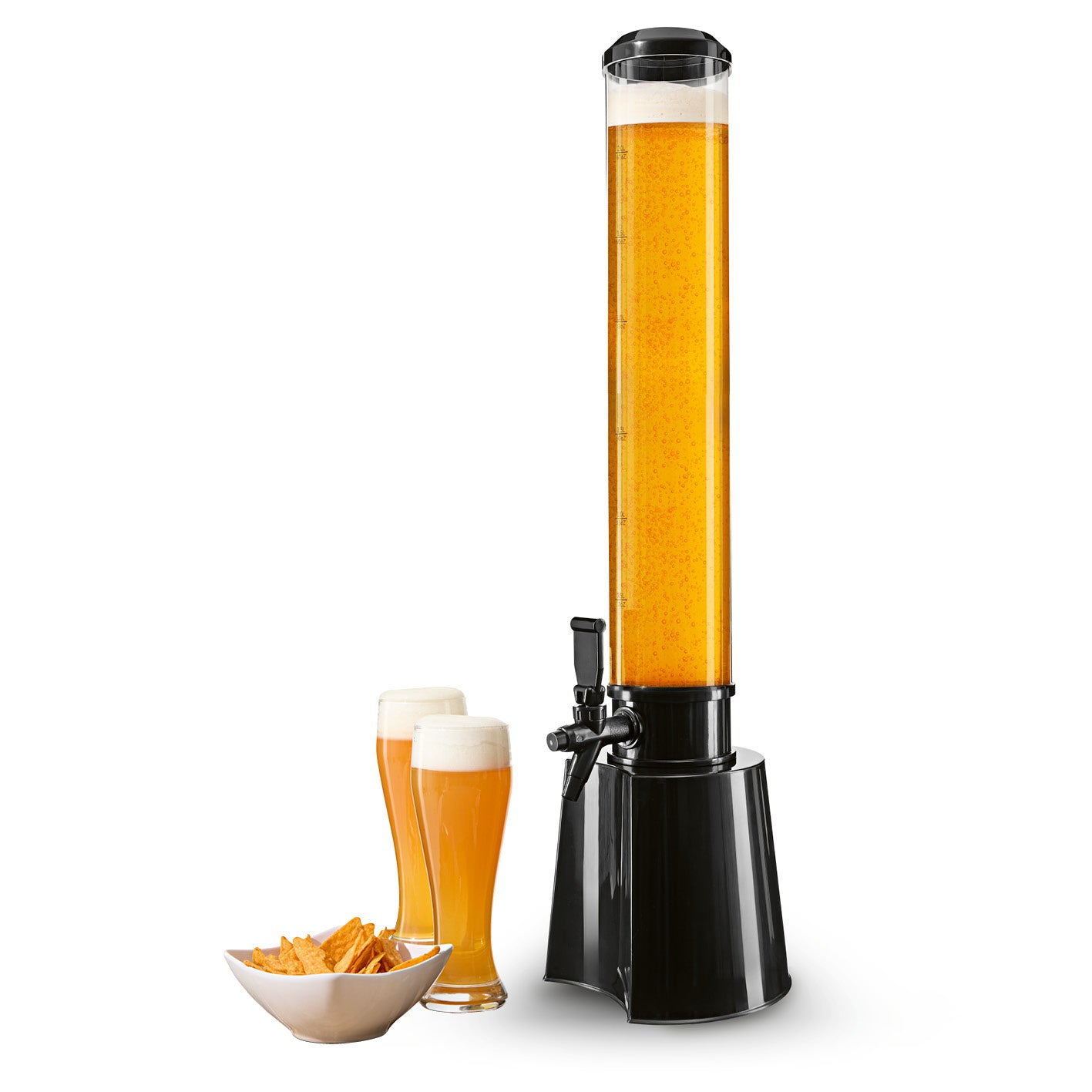 Trinksäule - 3 Liter Getränkesäule mit tropffreiem Zapfhahn, gefüllt mit Getränk, neben zwei Biergläsern und Snack-Schale, Bild 9.