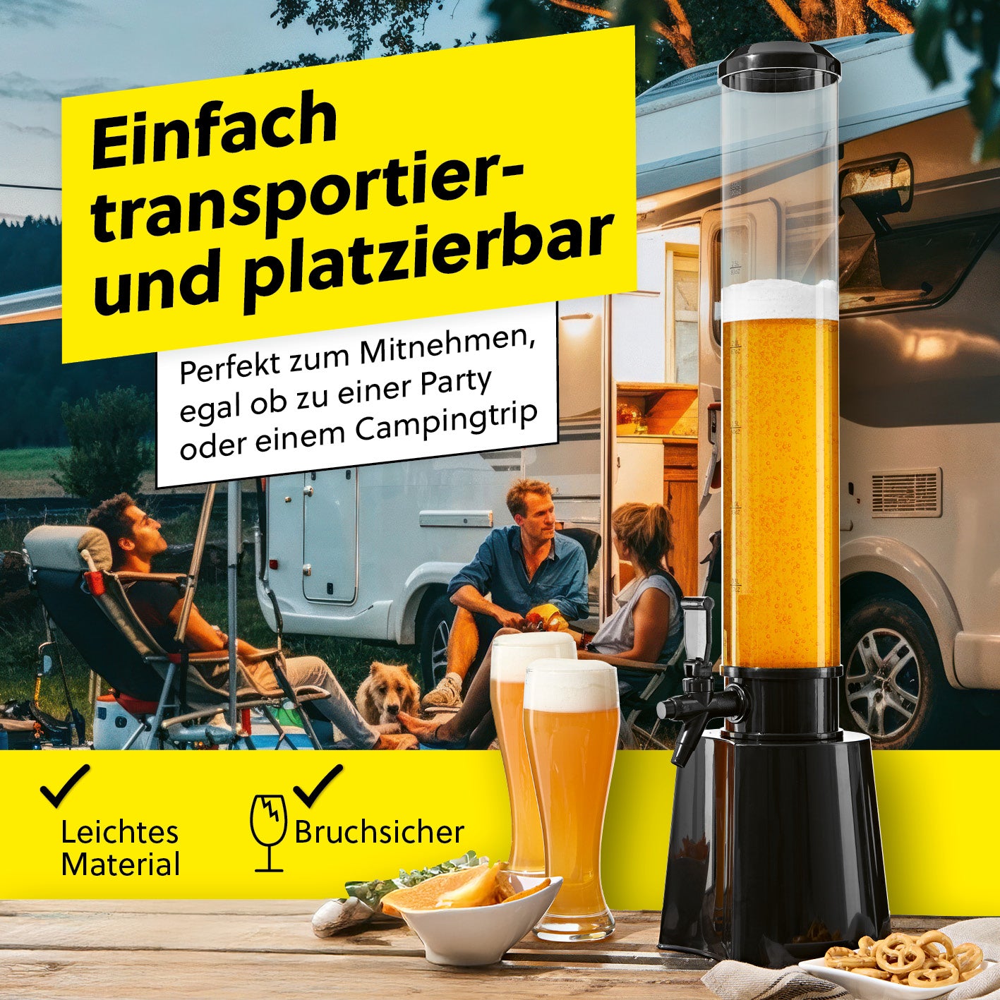 Trinksäule - 3 Liter in quadratischem Bild, auffällig platzierbar und transportierbar, ideal für Party oder Campingtrip