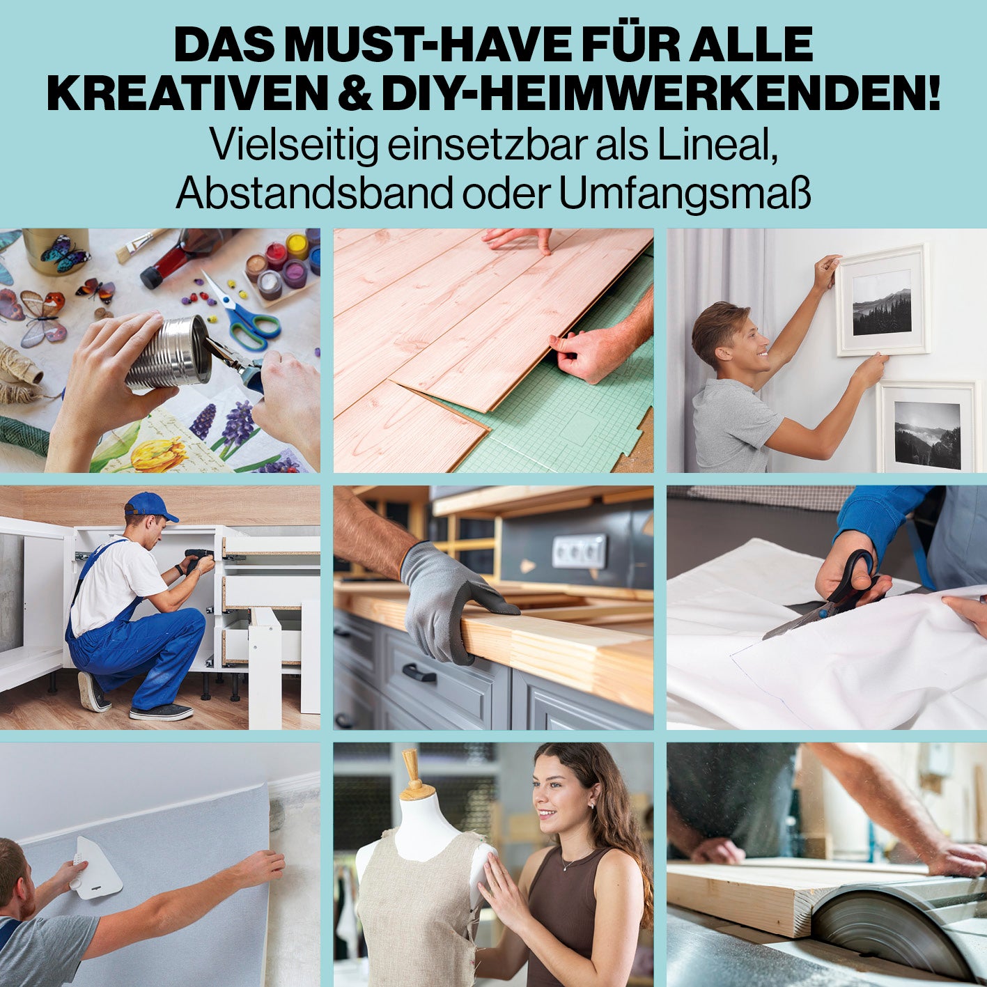 Klebemaßband 50 m selbstklebend, 10-cm-Skala, Abroller in verschiedenen DIY- und Handwerksanwendungen vielseitig verwendet.