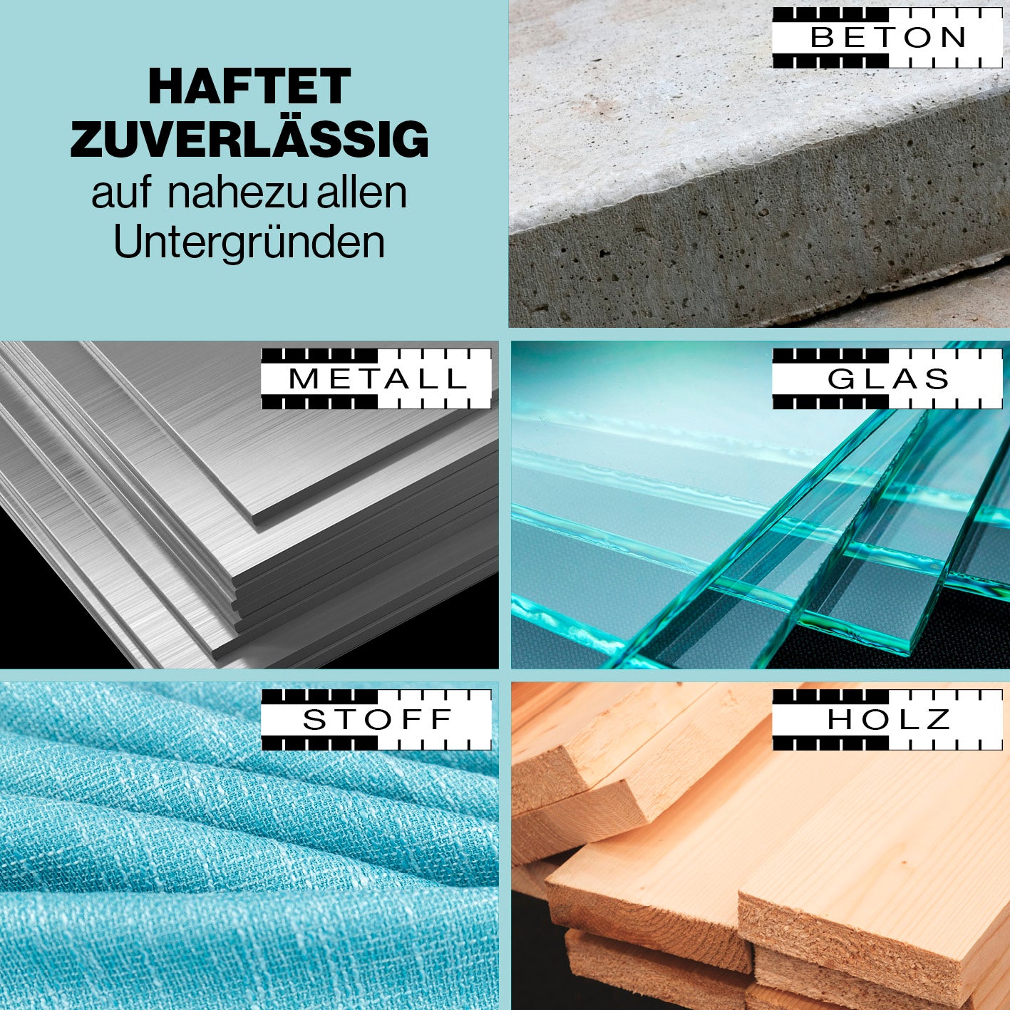 Klebemaßband 50 m selbstklebend, 10-cm-Skala, Abroller haftet zuverlässig auf Beton, Metall, Glas, Stoff und Holzoberflächen.