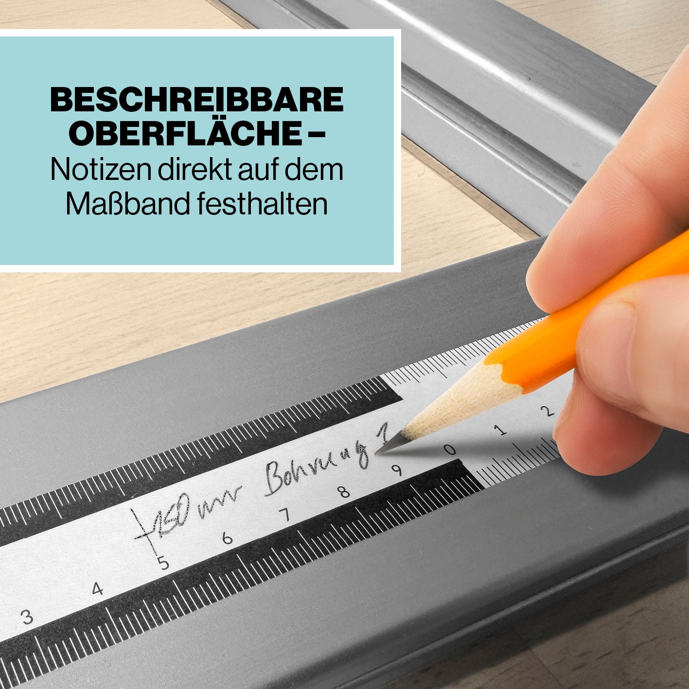 Klebemaßband 50 m selbstklebend, 10-cm-Skala, Abroller mit beschreibbarer Oberfläche für Notizen direkt auf dem Maßband.