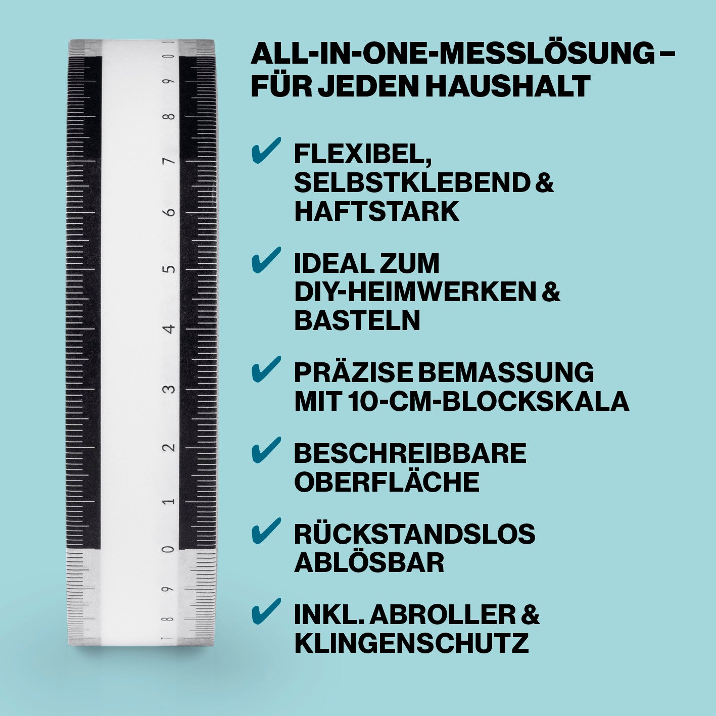 Klebemaßband 50 m selbstklebend, 10-cm-Skala, Abroller mit flexibler, selbstklebender Oberfläche und präziser 10-cm-Blockskala.