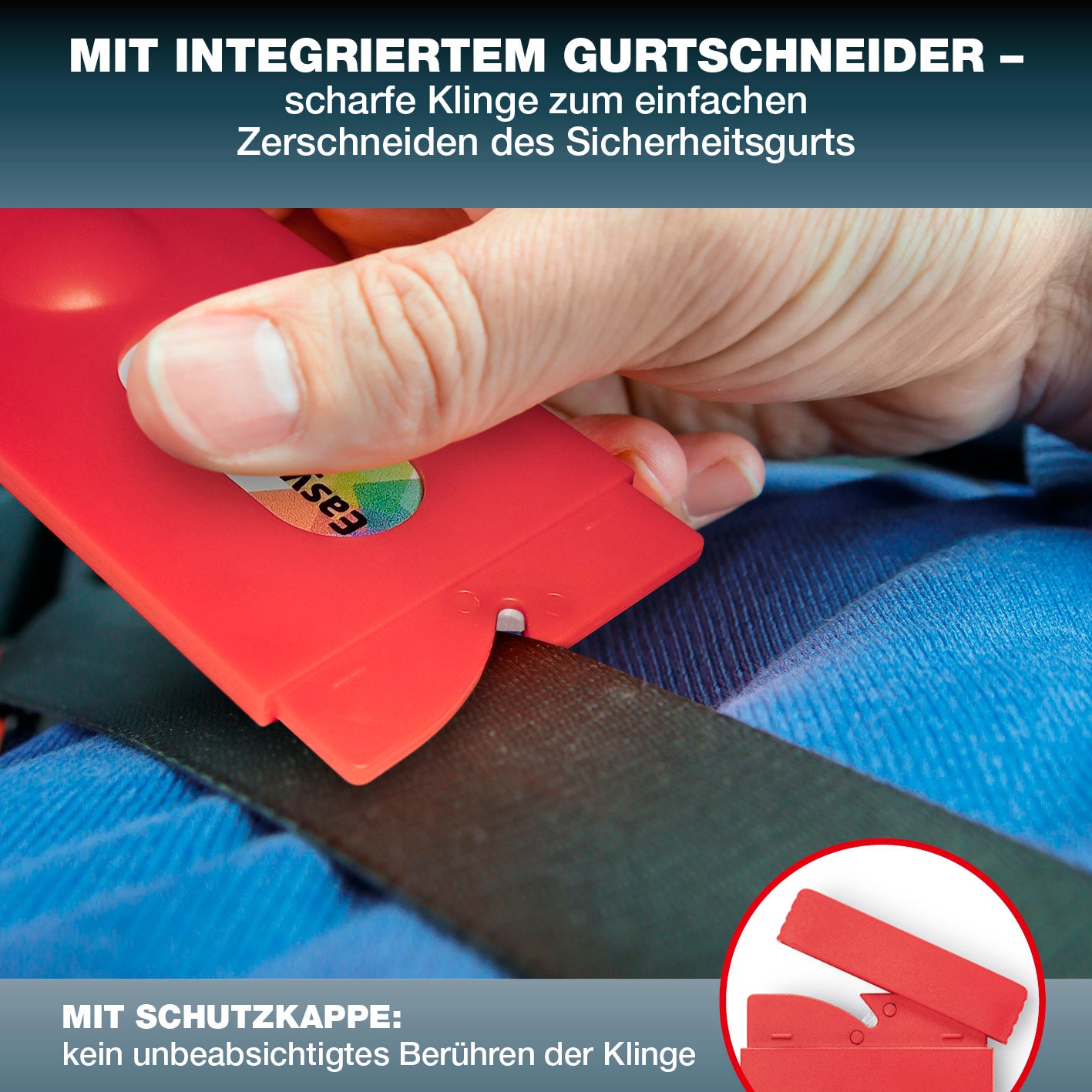 Notfall-Rettungswerkzeug im Kartenformat mit Gurtschneider, scharfe Klinge mit Schutzkappe zum schnellen Durchtrennen von Sicherheitsgurten.