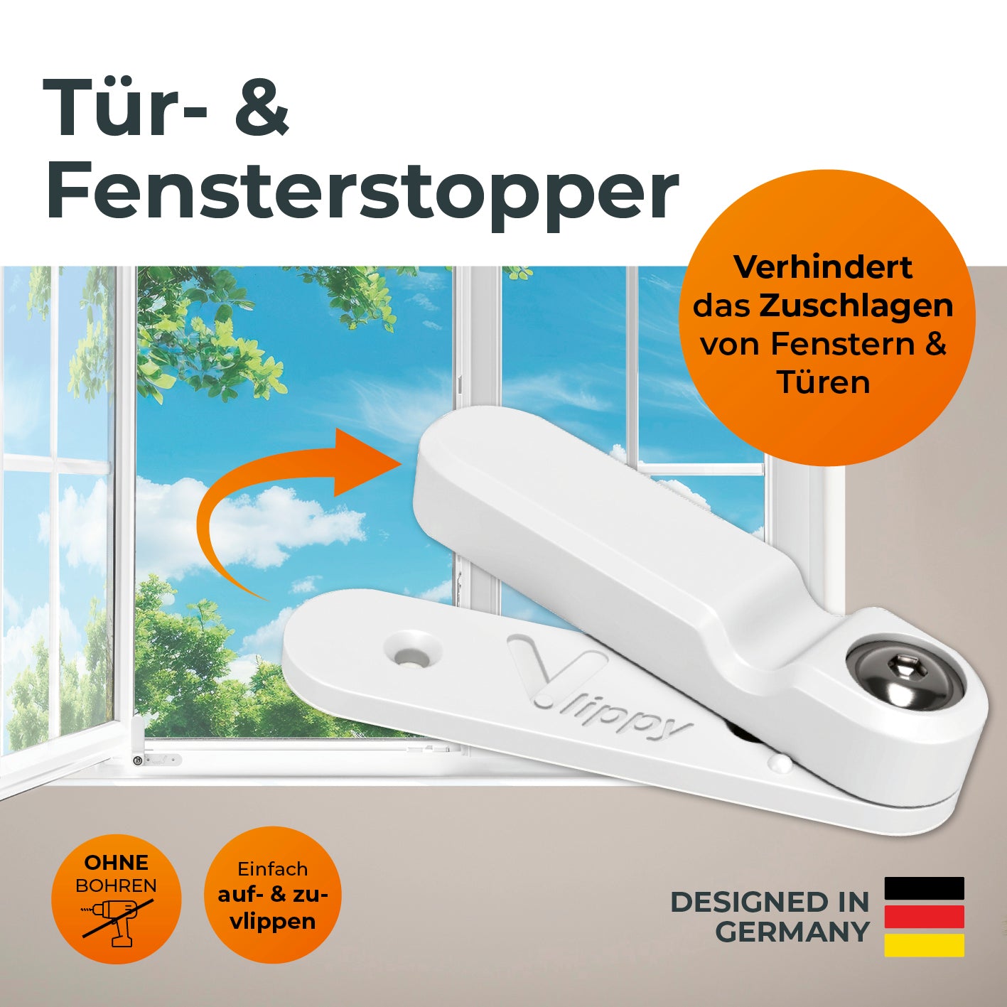 Tür- & Fensterstopper - 4er-Set zur Vermeidung des Zuschlagens von Türen und Fenstern mit einfacher Montage und flexiblem Kunststoff-Finger.