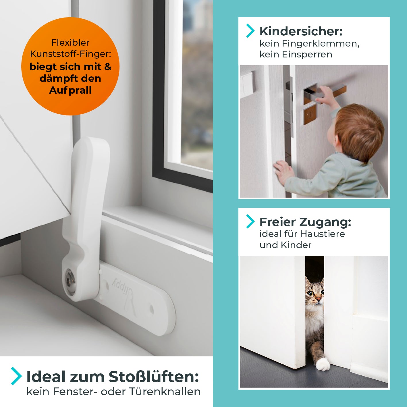 Tür- & Fensterstopper - 4er-Set schützt Hände, verhindert Zuschlagen von Türen und Fenstern, ideal für Kinder und Haustiere, stoßdämpfend.