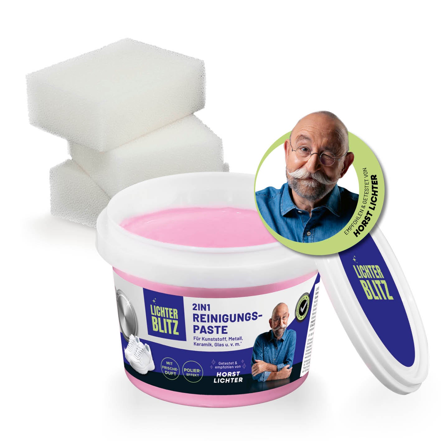 2in1-Reinigungspaste mit Schwämmen, pinke Reinigungscreme, empfohlen von Horst Lichter, für Polieren und Reinigen in einem Schritt.