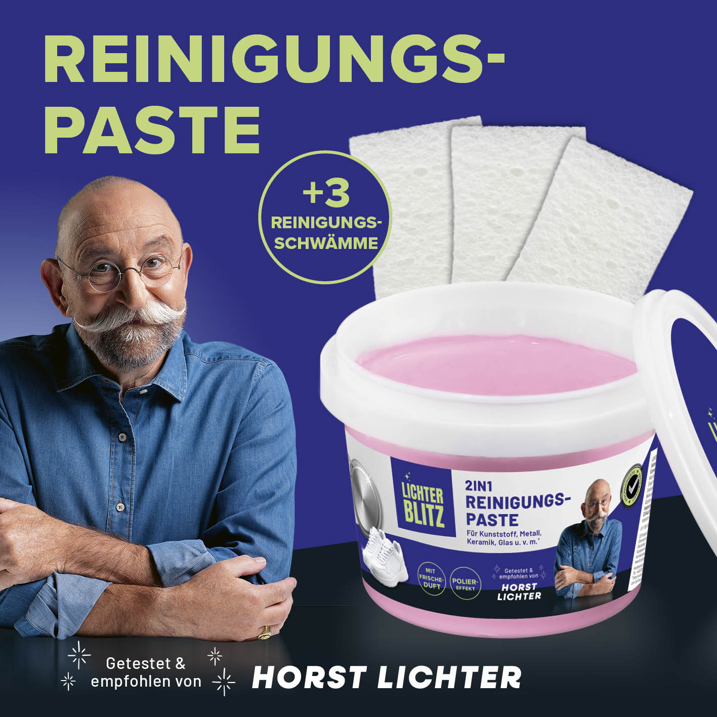 2in1-Reinigungspaste mit Schwämmen, kraftvoller Reiniger für strahlende, glänzende Flächen, empfohlen von Horst Lichter.