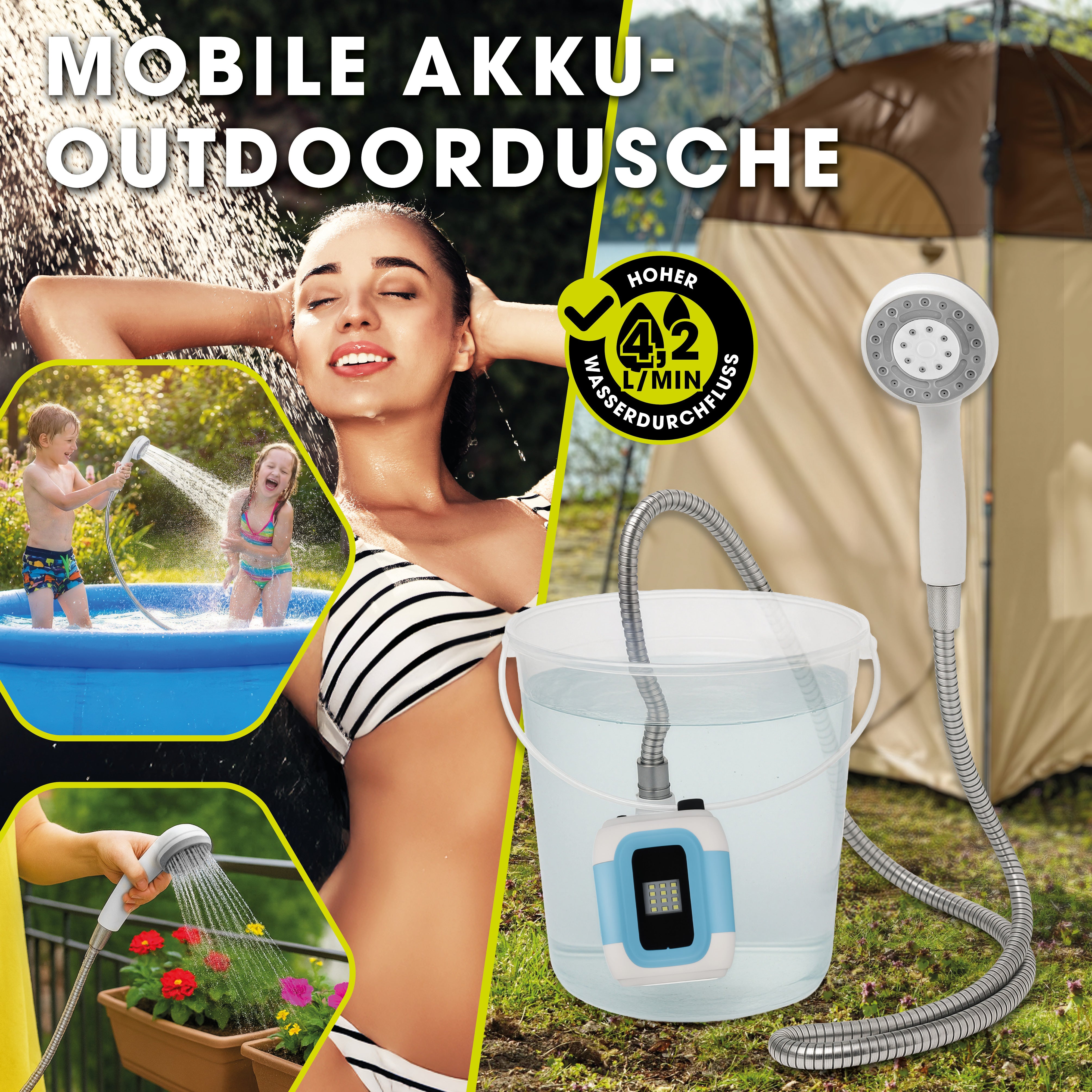 2in1-Gartendusche mit mobiler Akku-Funktion zum Duschen und flexiblen Bewässern von Pflanzen im Outdoor-Bereich.