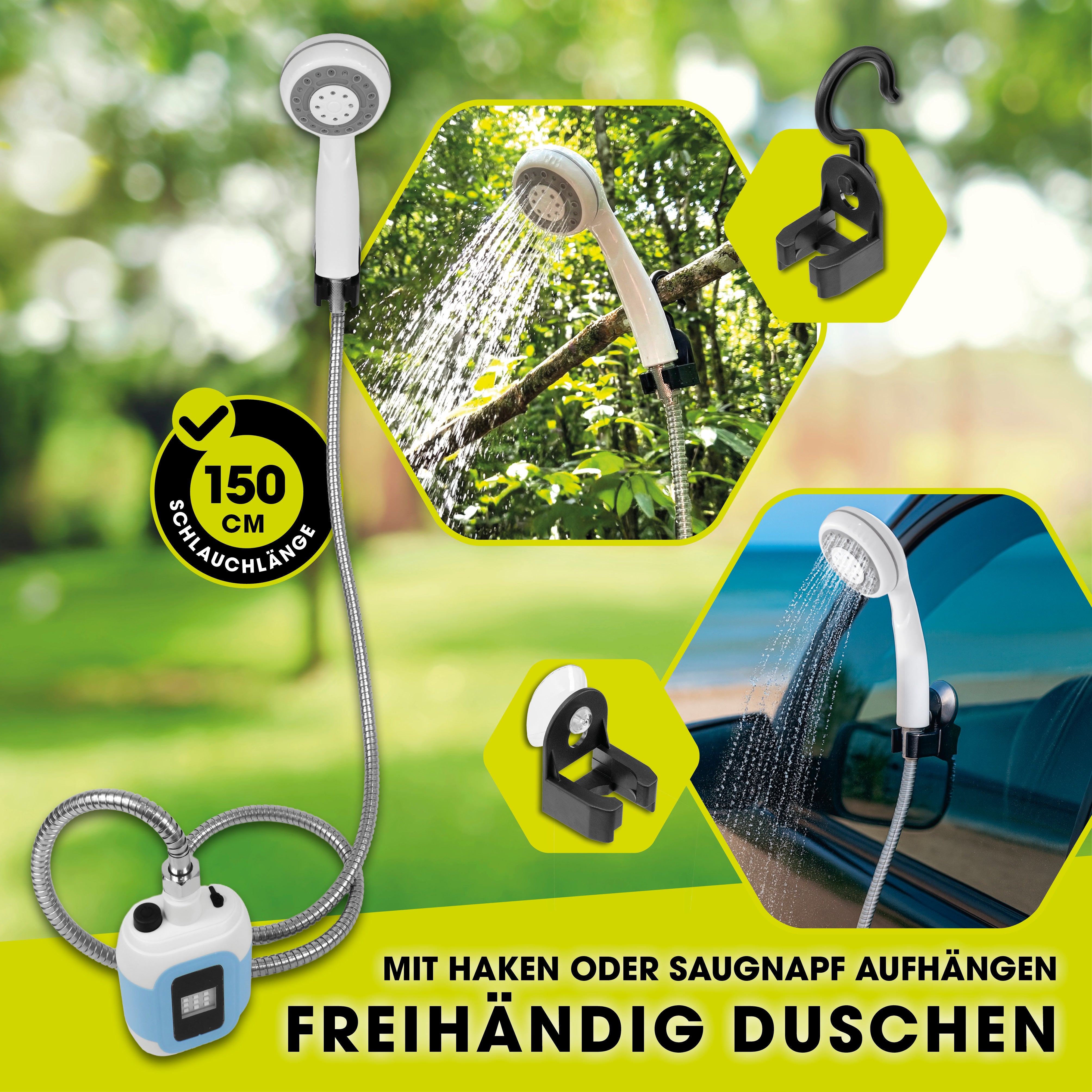 2in1-Gartendusche mit 150 cm Schlauch, befestigbar mit Haken oder Saugnapf für freihändiges Duschen im Garten oder unterwegs.
