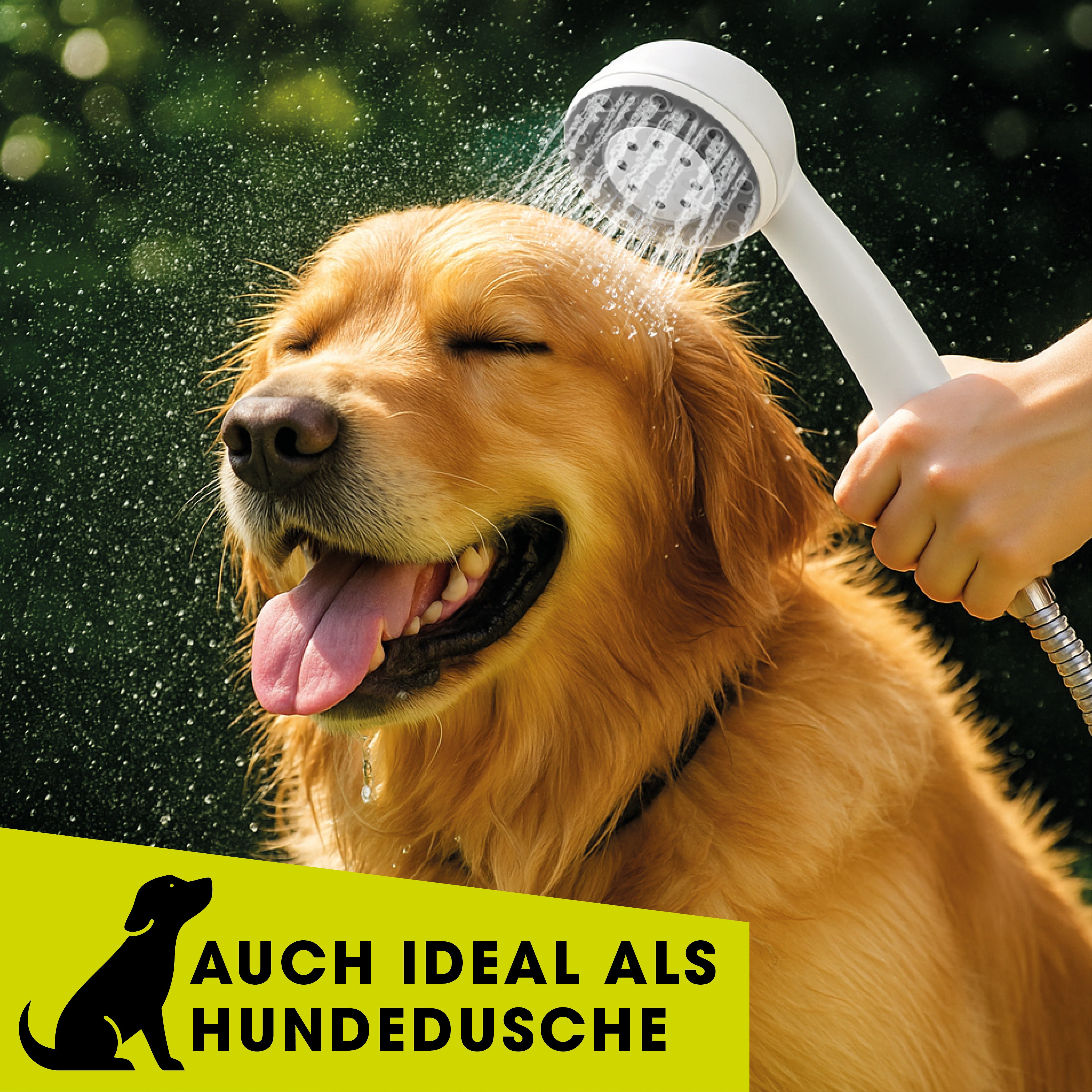 2in1-Gartendusche verwendet als Hundedusche mit sanftem Wasserstrahl für erfrischende Reinigung im Freien.