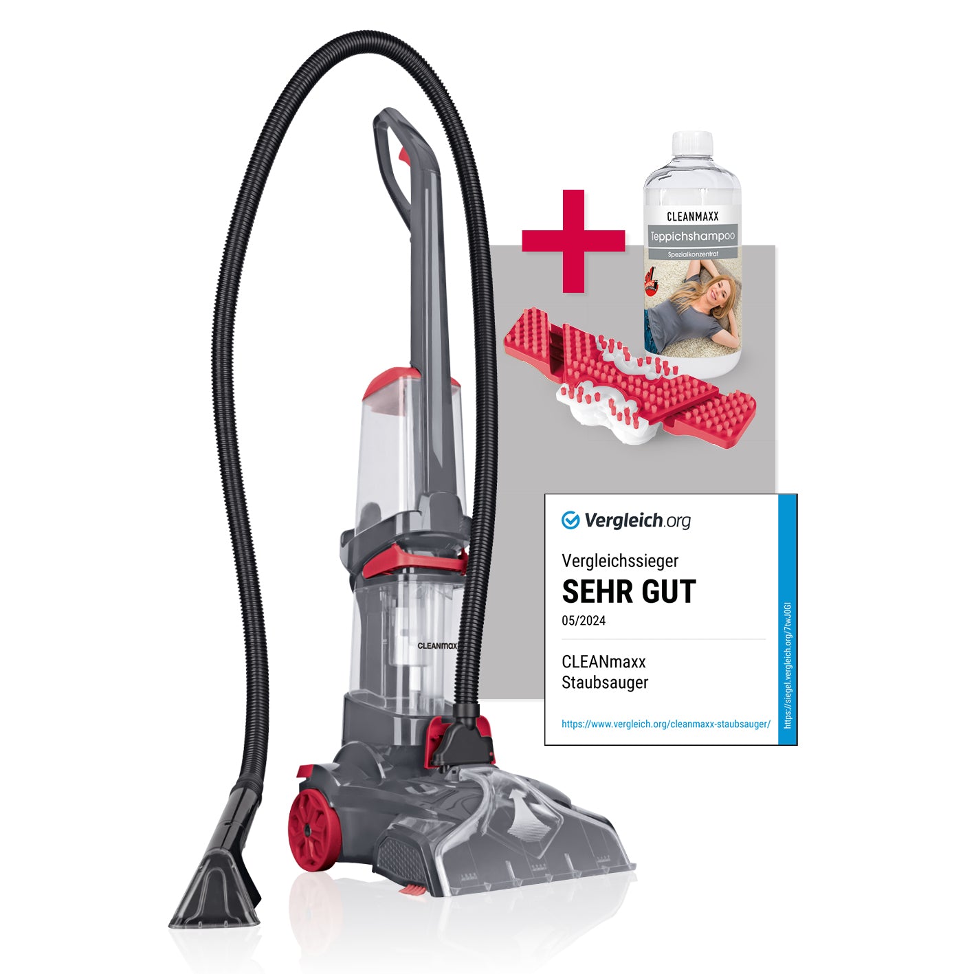 Teppichreiniger AquaStream Plus mit Zubehör und Reinigungssiegel „Sehr Gut“ von Vergleich.org, moderner Teppichreiniger in Grau und Rot