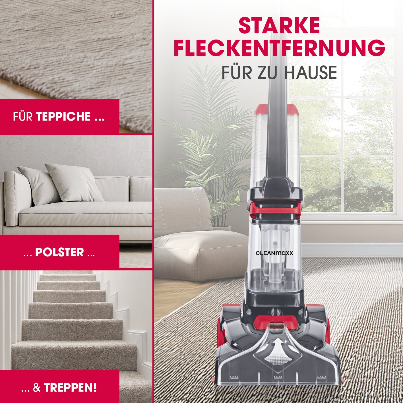 Teppichreiniger AquaStream Plus zur starken Fleckentfernung auf Teppichen, Polstern und Treppen im Wohnbereich.