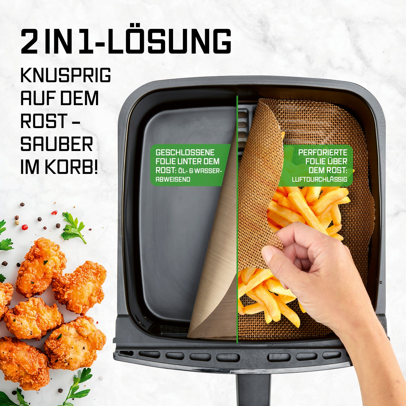 Dauerbackfolien-Set für Heißluftfritteusen – quadratisch mit geschlossener und perforierter Folie für knusprige Ergebnisse im Korb.