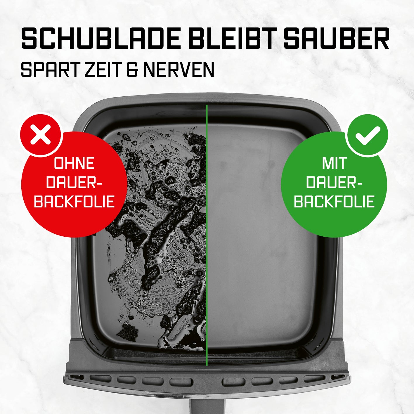 Dauerbackfolien-Set für Heißluftfritteusen – quadratisch zeigt saubere Schublade ohne Verschmutzung und mit Schutzfolie.