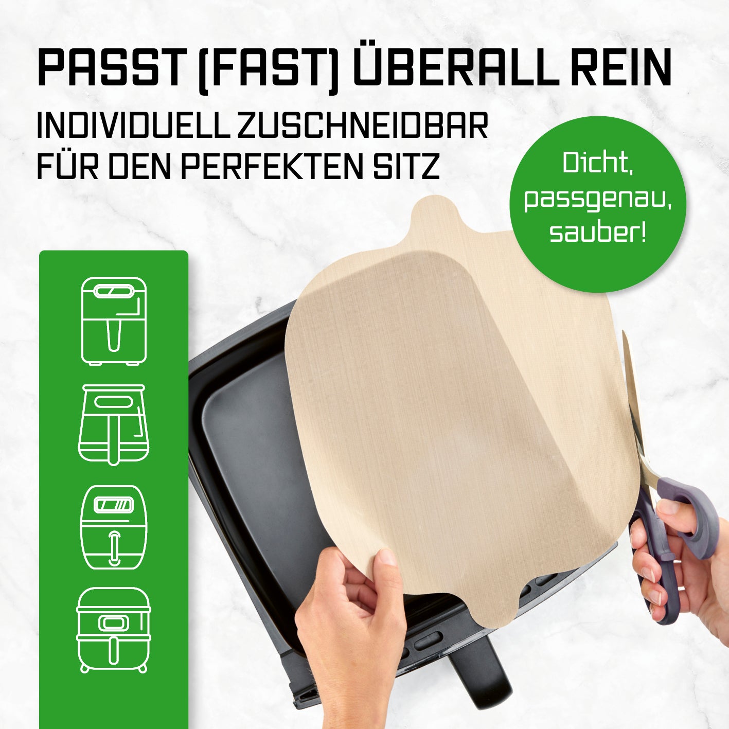 Dauerbackfolien-Set für Heißluftfritteusen – quadratisch, individuell zuschneidbar für perfekten Sitz und sauberes Backergebnis.