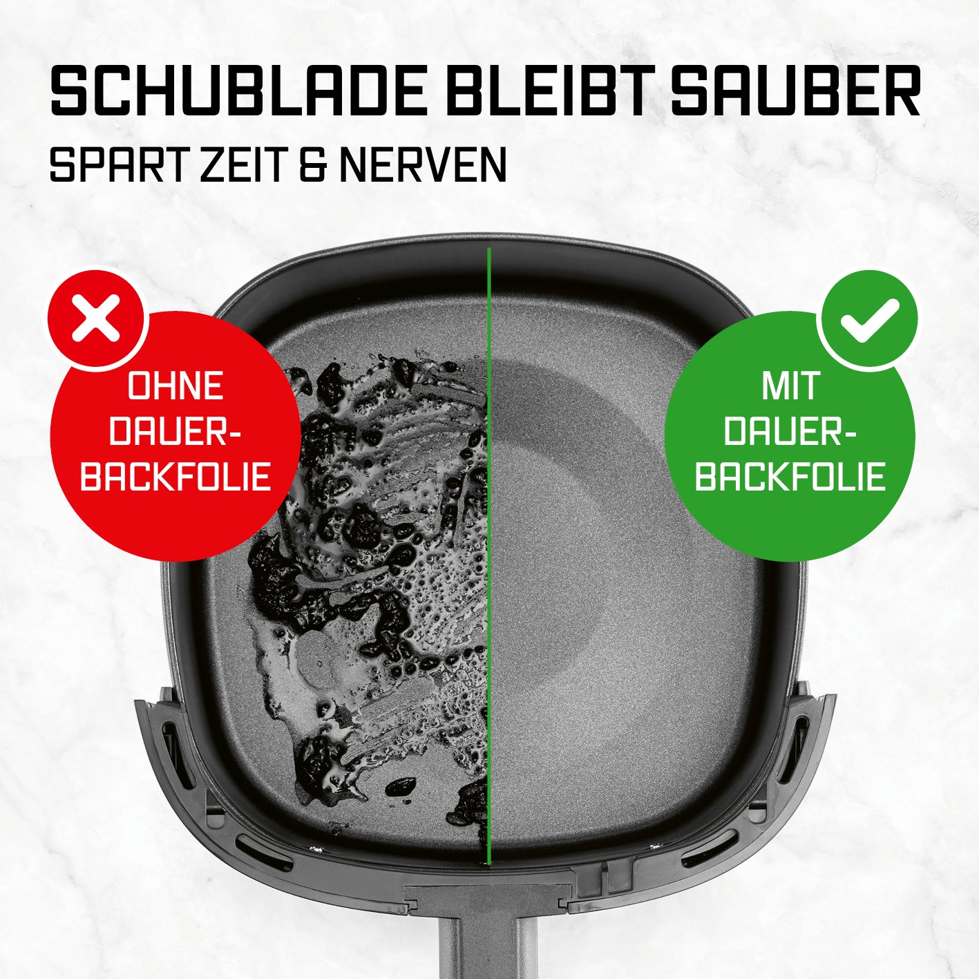 Dauerbackfolien-Set für Heißluftfritteusen – rund (25,5 cm) zeigt saubere Schublade mit und ohne Backfolie im Vergleich.