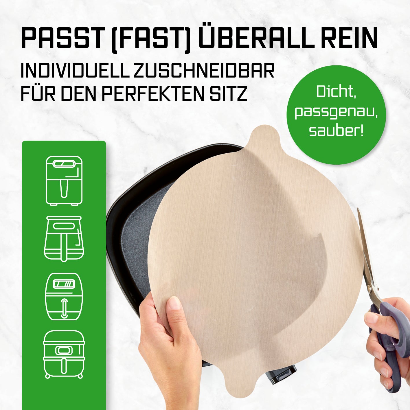 Dauerbackfolien-Set für Heißluftfritteusen – rund (25,5 cm), zuschneidbar für passgenaue Reinigung und Schutz.