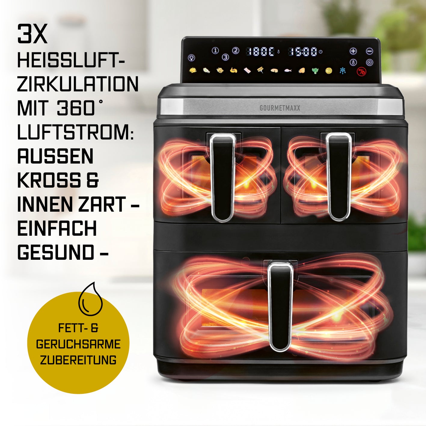 FryUp3 Vertikale 3-Kammer-Heißluftfritteuse mit Sichfenstern - 17 Liter (2 x 4, 1 x 9 l)