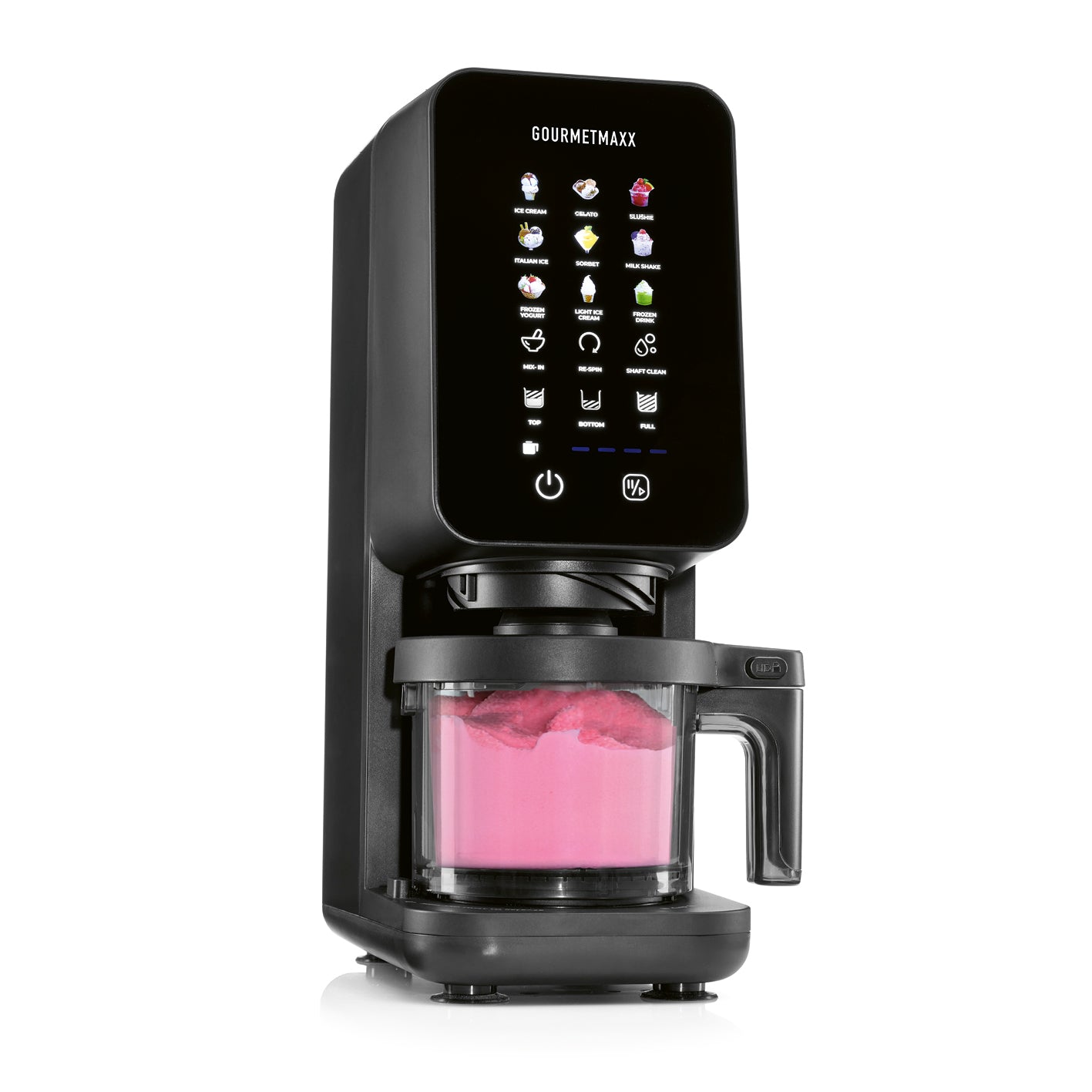 Schwarze Eismaschine SmoothUp Touch mit Touchscreen-Bedienfeld und Glasbehälter mit rosa Eiscremefüllung.