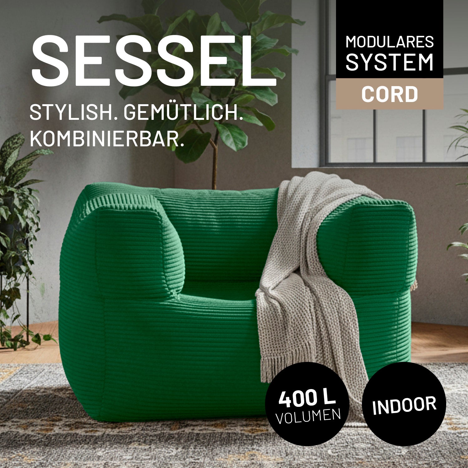 Modularer Sessel aus der LUMALAND Cord-Reihe - 400 L - 96 x 72 x 70 cm - Dunkelgrün, stylisch und gemütlich im Innenbereich