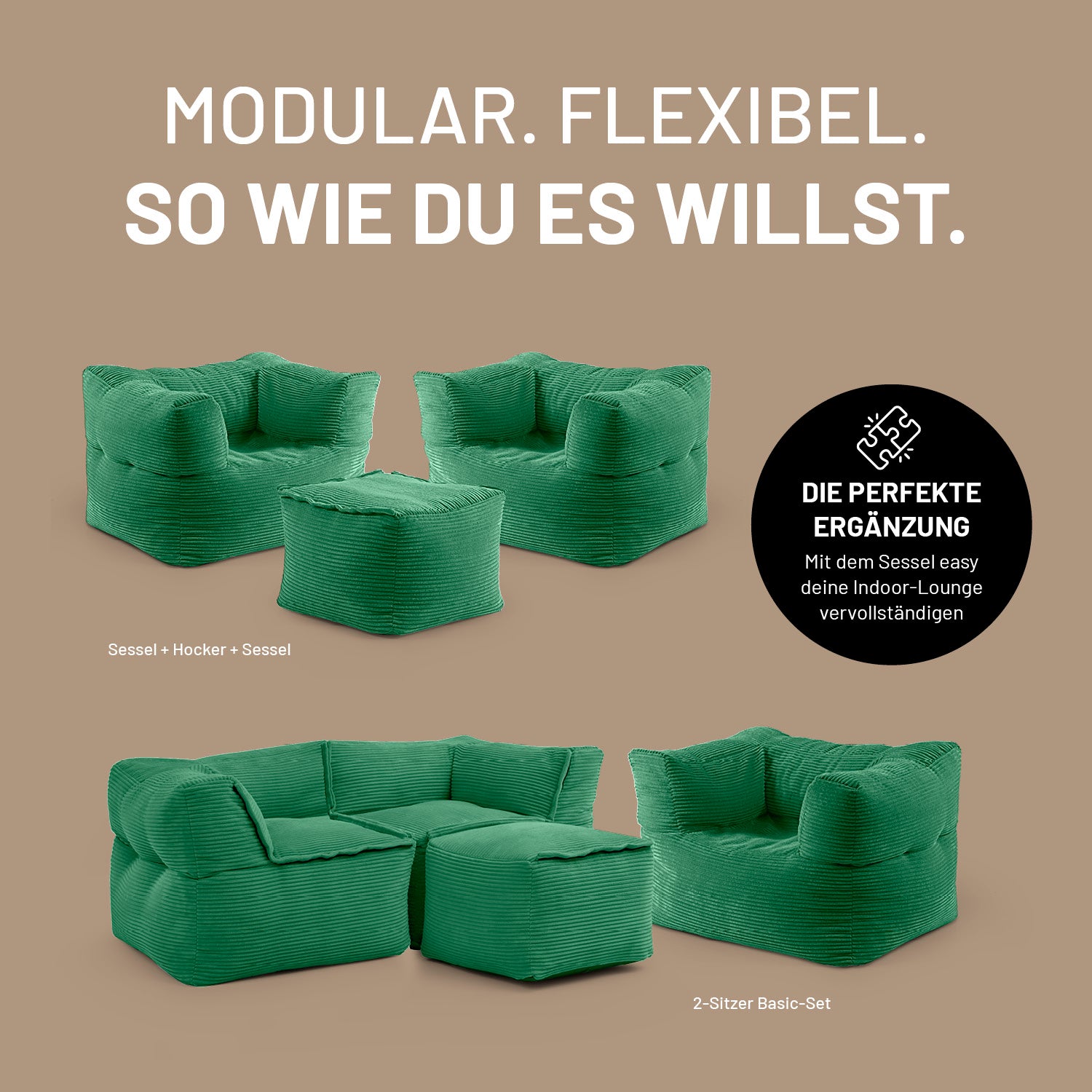 Modularer Sessel aus der LUMALAND Cord-Reihe - 400 L - 96 x 72 x 70 cm - Dunkelgrün als flexible Loungekombination mit Hocker und Sessel.