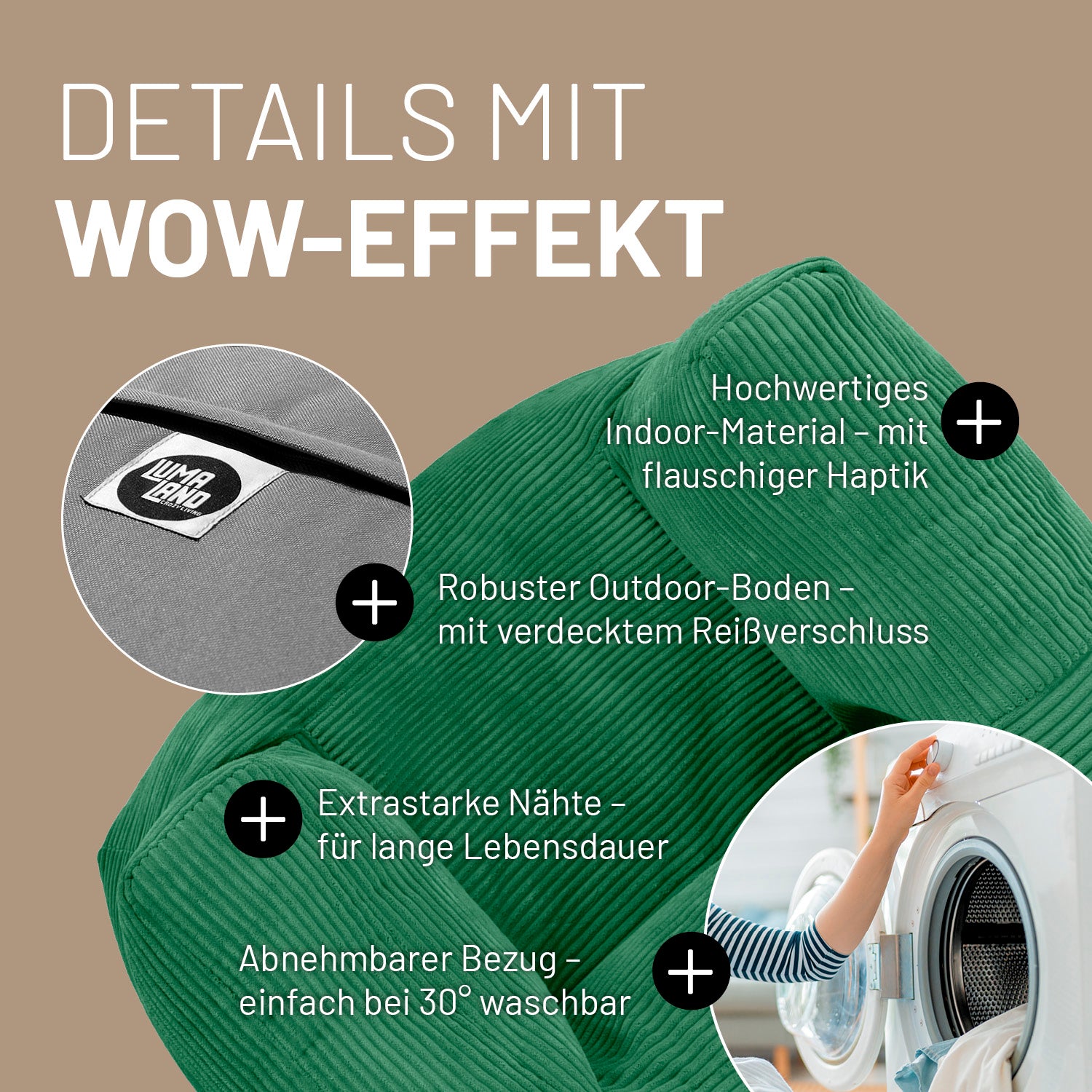 Modularer Sessel aus der LUMALAND Cord-Reihe - 400 L - 96 x 72 x 70 cm - Dunkelgrün mit robustem Outdoor-Boden und abnehmbarem Bezug