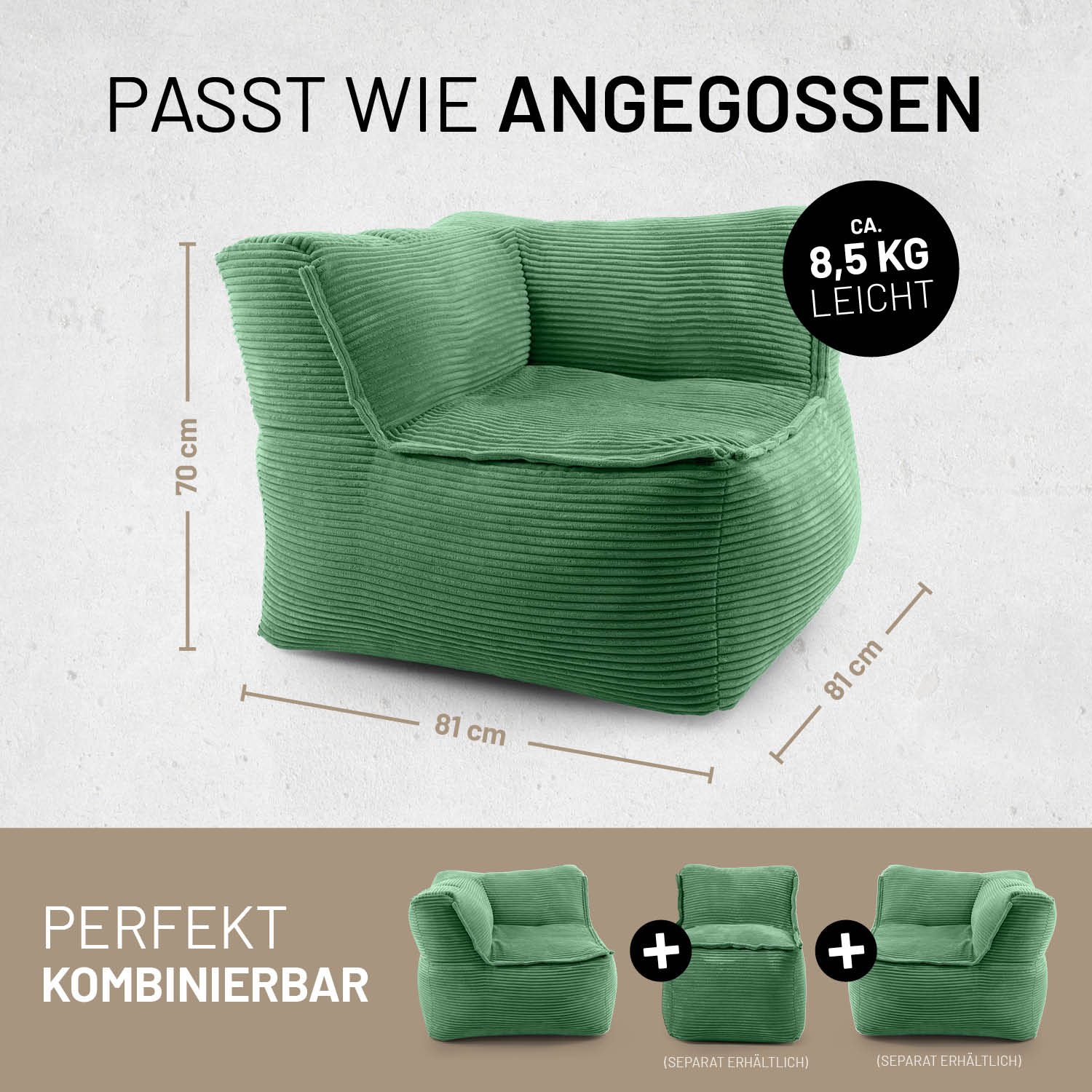 Modulares Eckteil links aus der LUMALAND Cord-Reihe - 340 L - 81 x 81 x 70 cm - Dunkelgrün, leichter Sitzsack mit Maßen.