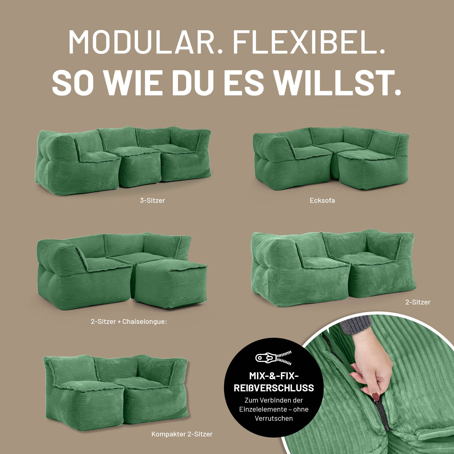 Modulares Eckteil links aus der LUMALAND Cord-Reihe - 340 L - 81 x 81 x 70 cm - Dunkelgrün, vielseitig kombinierbar, kuscheliger Cordstoff.