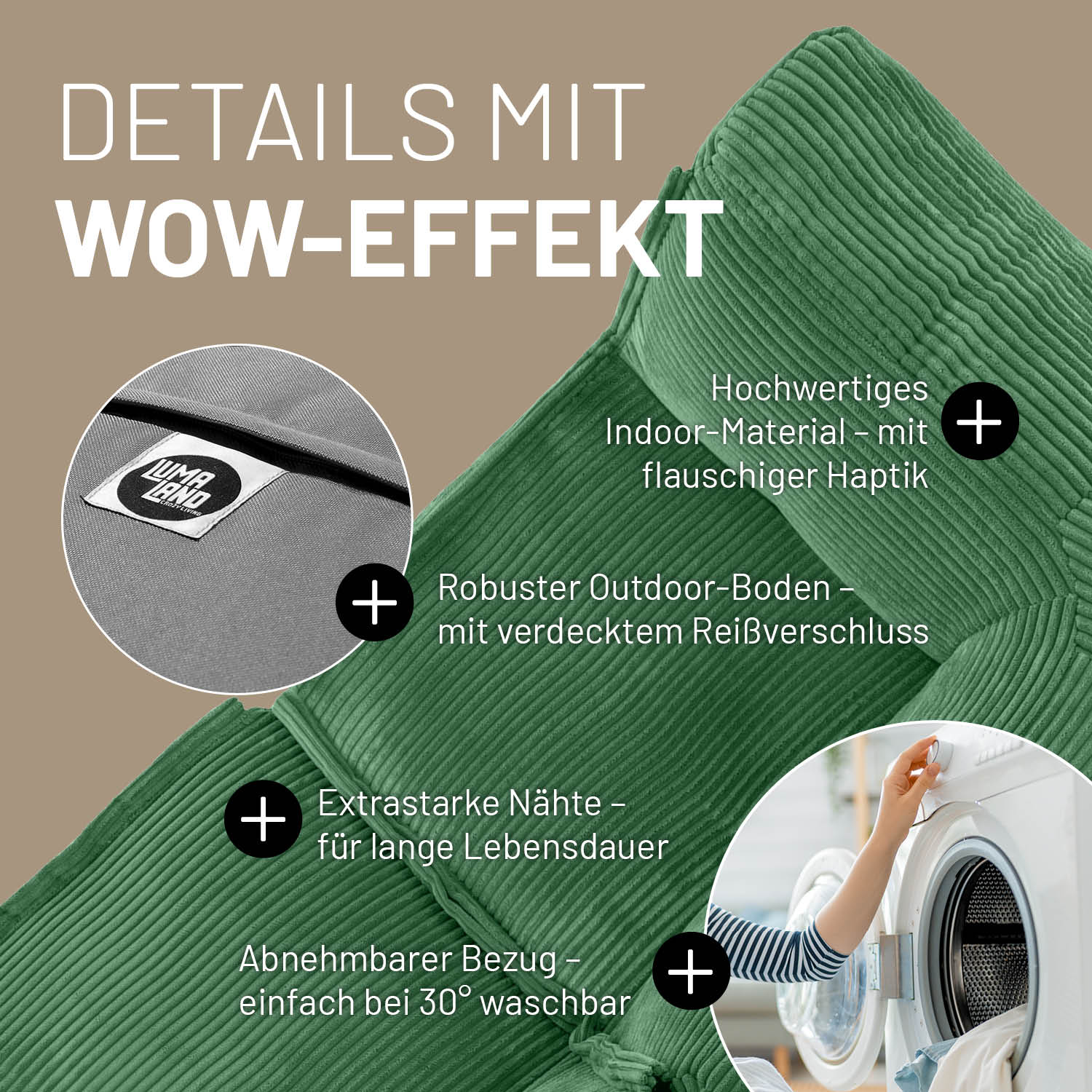Modulares Eckteil links aus der LUMALAND Cord-Reihe Dunkelgrün mit robustem Boden, starken Nähten und abnehmbarem Bezug bei 30 Grad waschbar