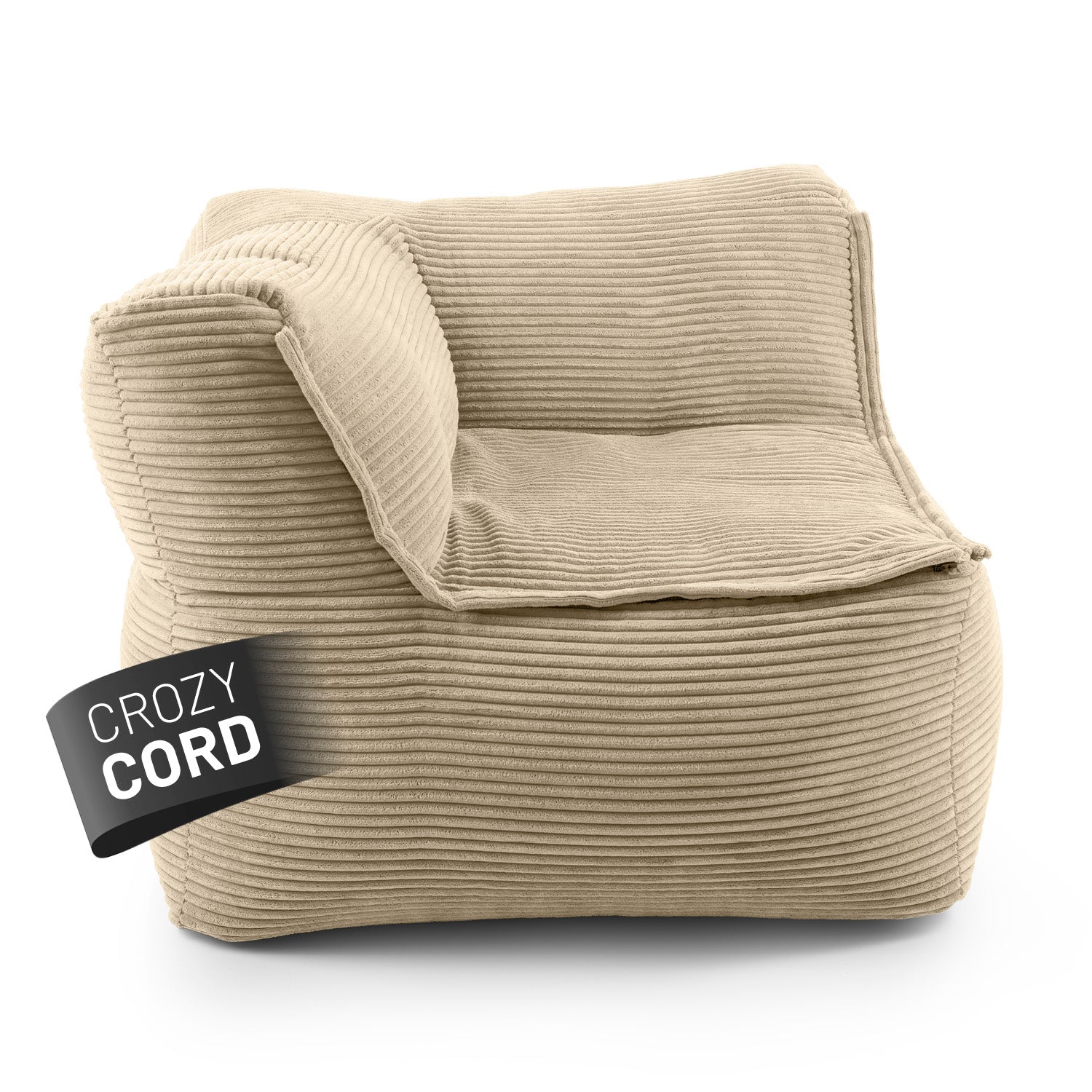 Modulares Eckteil links aus der LUMALAND Cord-Reihe 340 L in Beige, 81 x 81 x 70 cm, weicher Kuschelcord Sitzsack für Indoor.