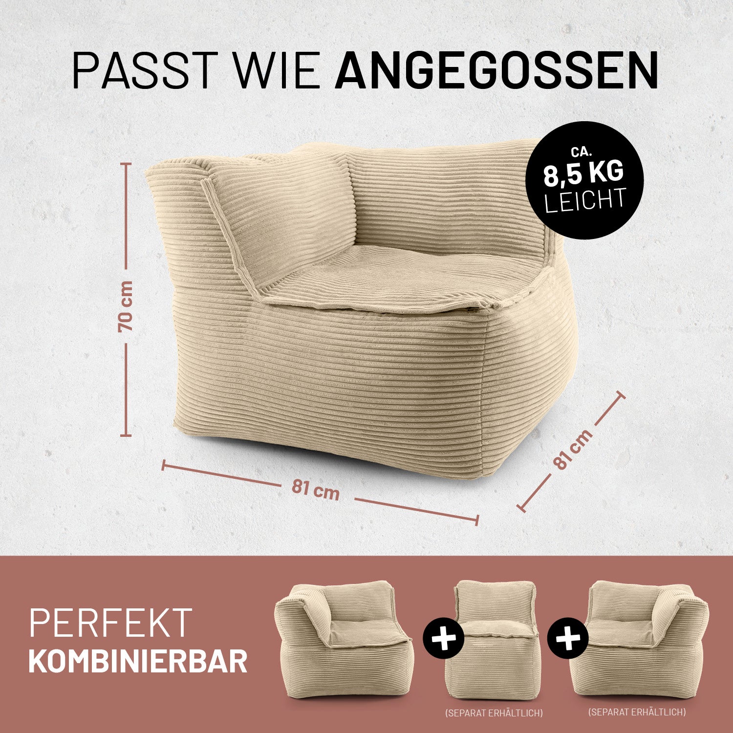 Modulares Eckteil links aus der LUMALAND Cord-Reihe - 340 L - 81 x 81 x 70 cm - Beige, leichter Cord-Sitzsack für Innenbereich