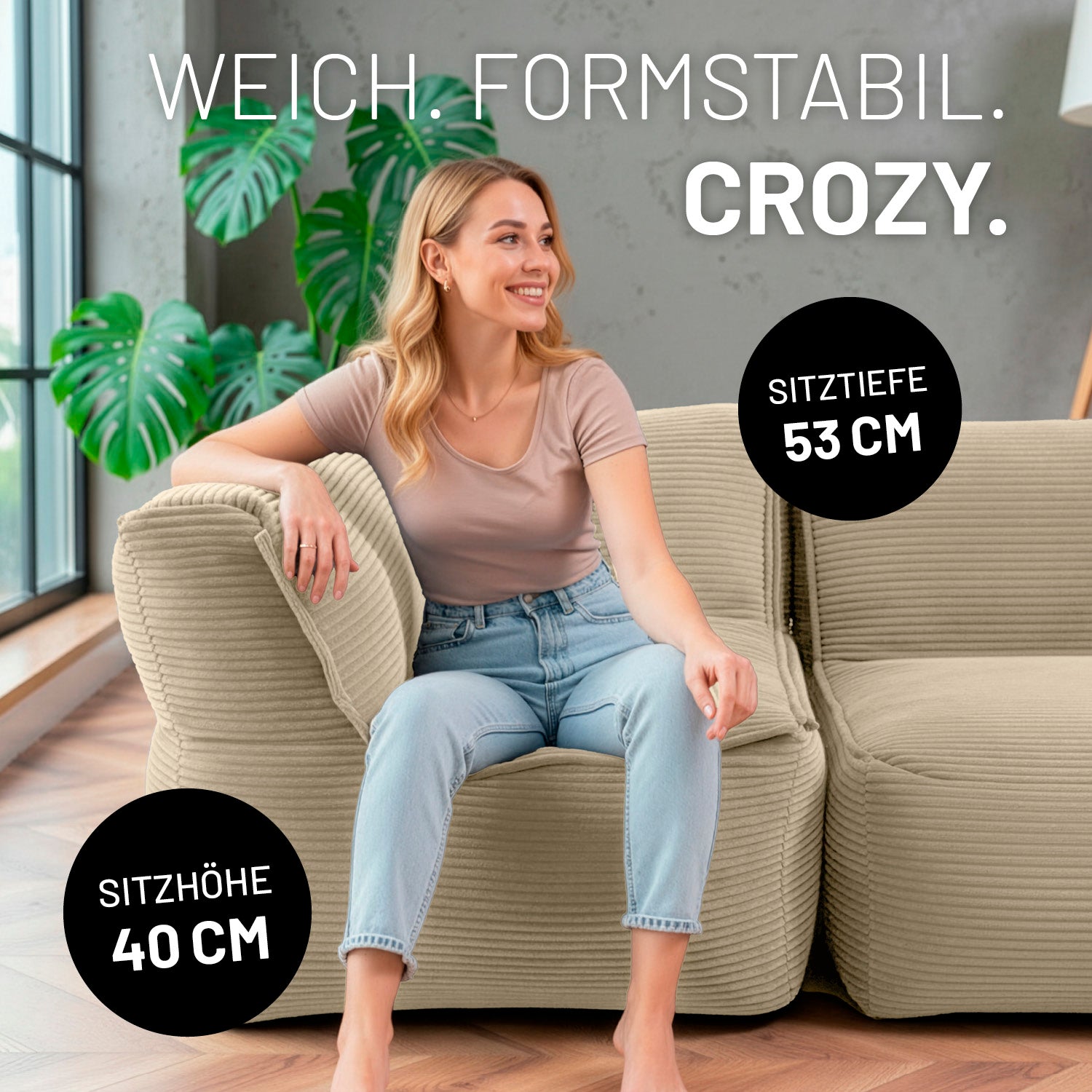 Modulares Eckteil links aus der LUMALAND Cord-Reihe 340 L in Beige mit 40 cm Sitzhöhe und 53 cm Sitztiefe, weich und formstabil