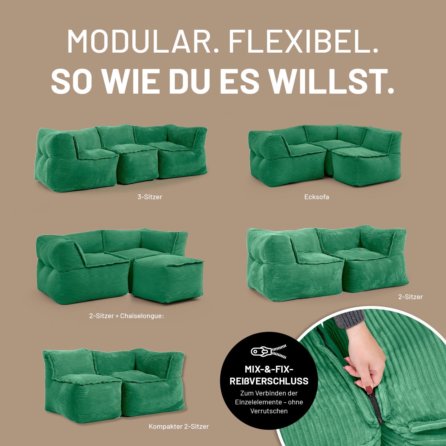 Modulares Eckteil rechts aus der LUMALAND Cord-Reihe - 340 L - 81 x 81 x 70 cm - Dunkelgrün, flexibel und vielseitig kombinierbar.