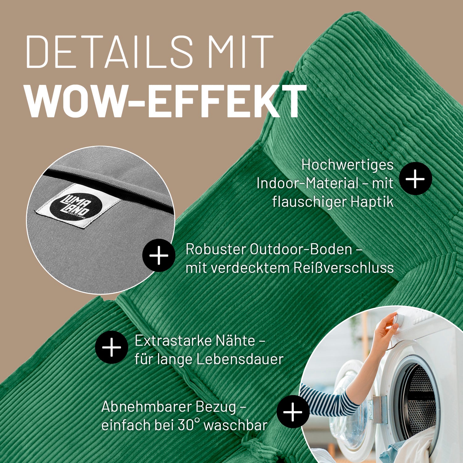 Modulares Eckteil rechts aus der LUMALAND Cord-Reihe - 340 L - 81 x 81 x 70 cm - Dunkelgrün mit robustem Outdoor-Boden und waschbarem Bezug.
