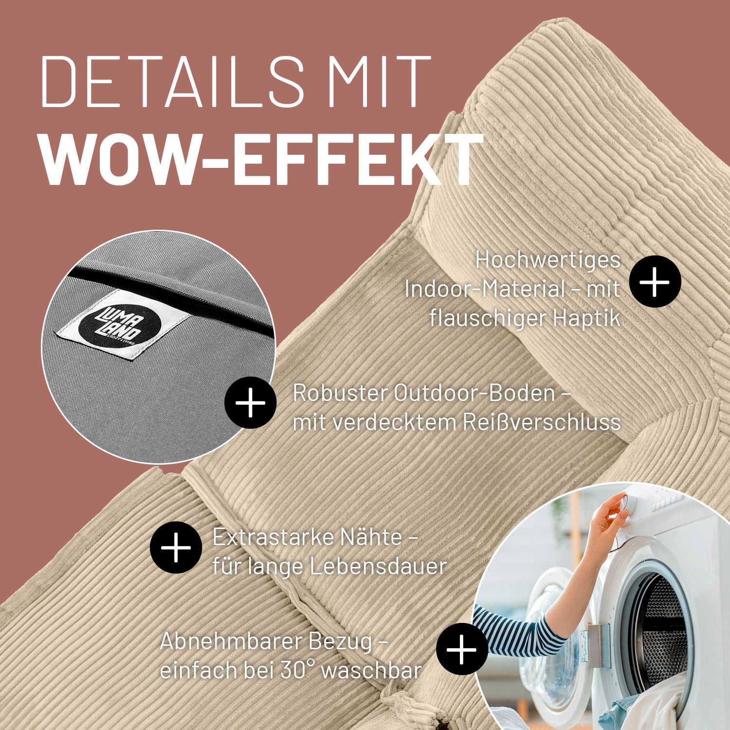 Modulares Eckteil rechts aus der LUMALAND Cord-Reihe - 340 L - 81 x 81 x 70 cm - Beige mit robustem Boden und abnehmbarem Bezug.