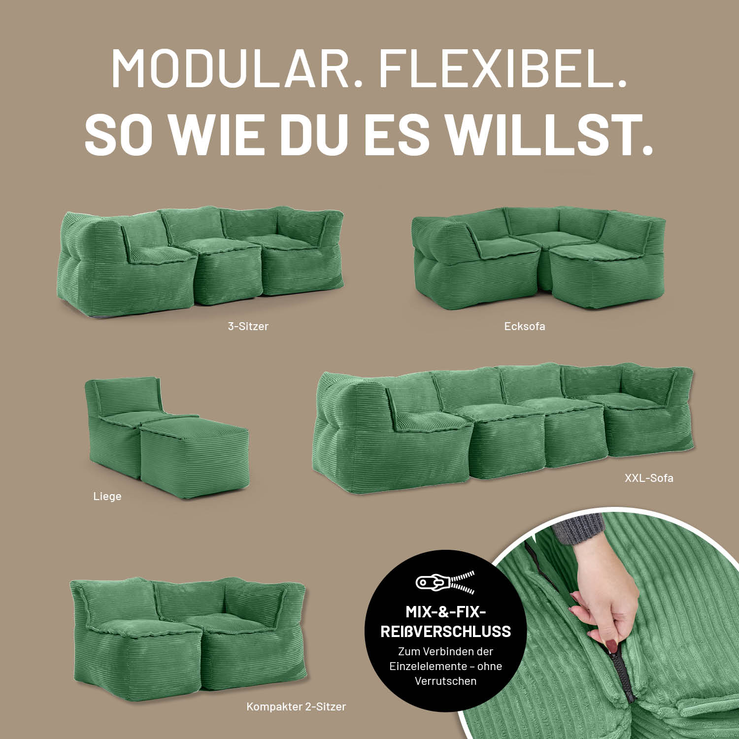 Modulare Mitte aus der LUMALAND Cord-Reihe - 200 L - 81 x 54 x 70 cm - Dunkelgrün als flexibles, kombiniertes Sitzmöbel in verschiedenen Varianten.