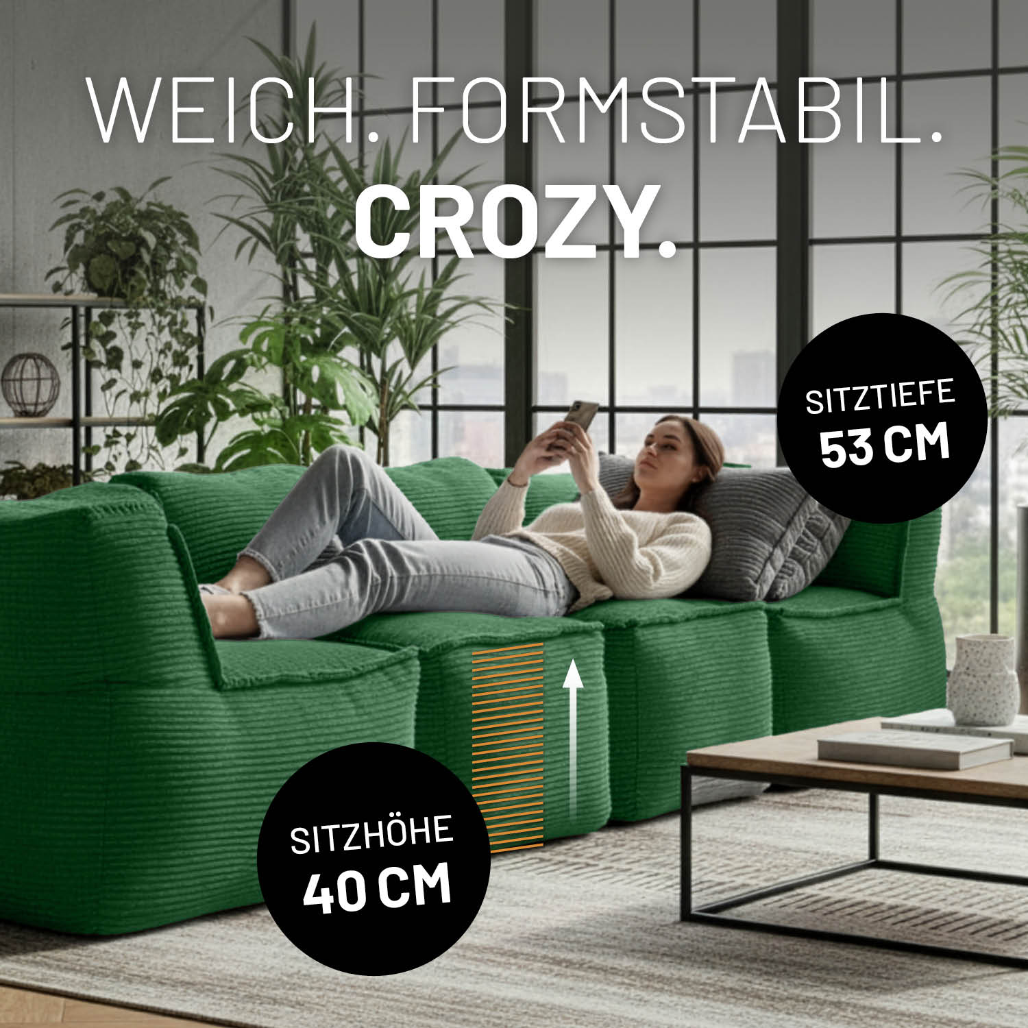 Modulare Mitte aus der LUMALAND Cord-Reihe - 200 L - 81 x 54 x 70 cm - Dunkelgrün mit 40 cm Sitzhöhe und 53 cm Sitztiefe