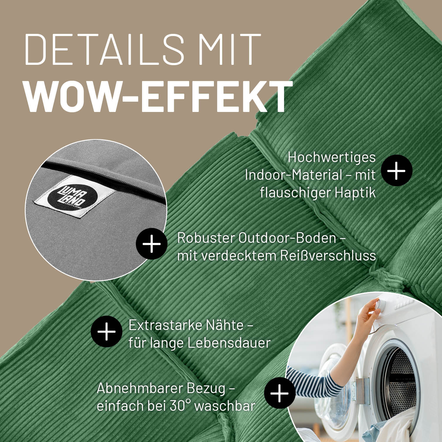 Modulare Mitte aus der LUMALAND Cord-Reihe - 200 L - 81 x 54 x 70 cm - Dunkelgrün mit robustem Stoff und abnehmbarem, waschbarem Bezug