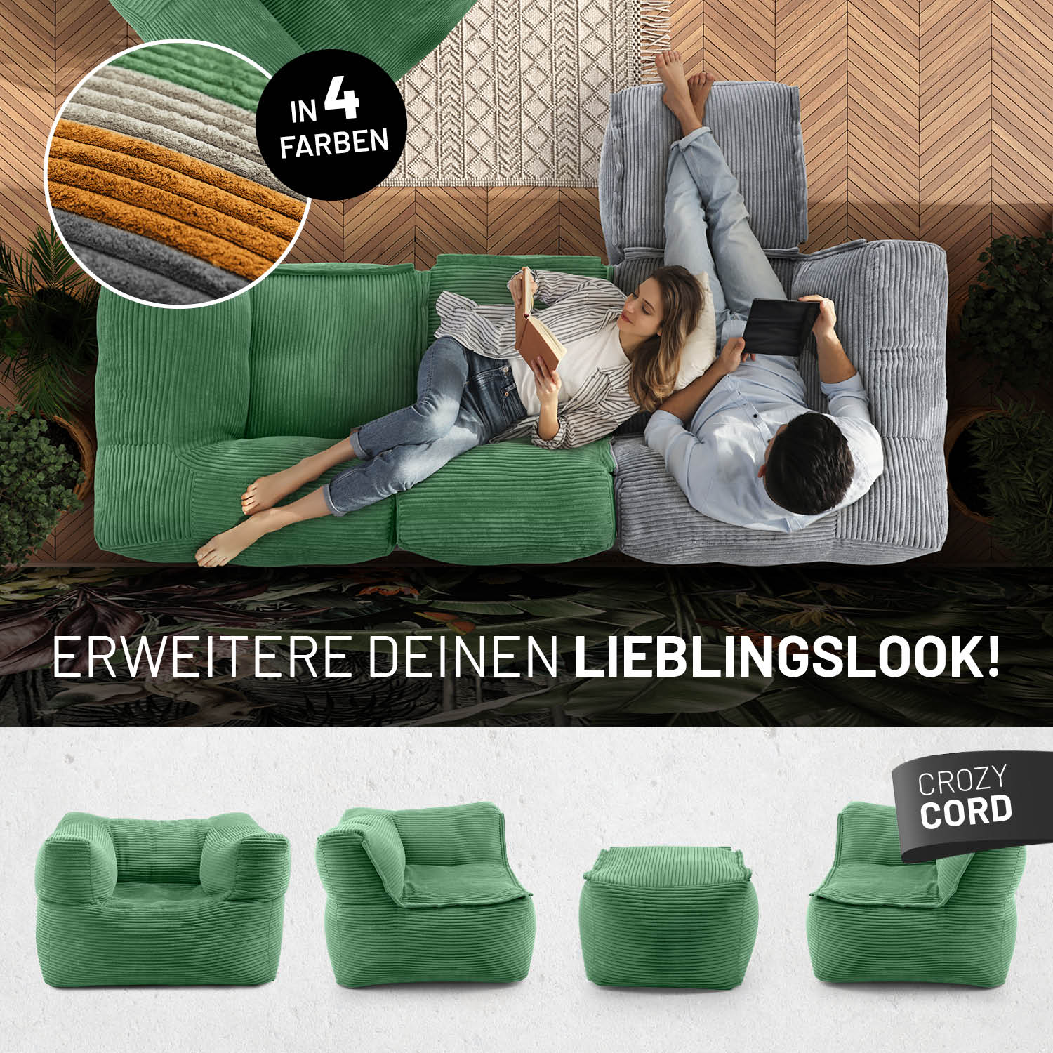 Modulare Mitte aus der LUMALAND Cord-Reihe 200 L Dunkelgrün Sitzsack mit weichem Cordbezug und 40 cm Sitzhöhe für Indoor-Bereich