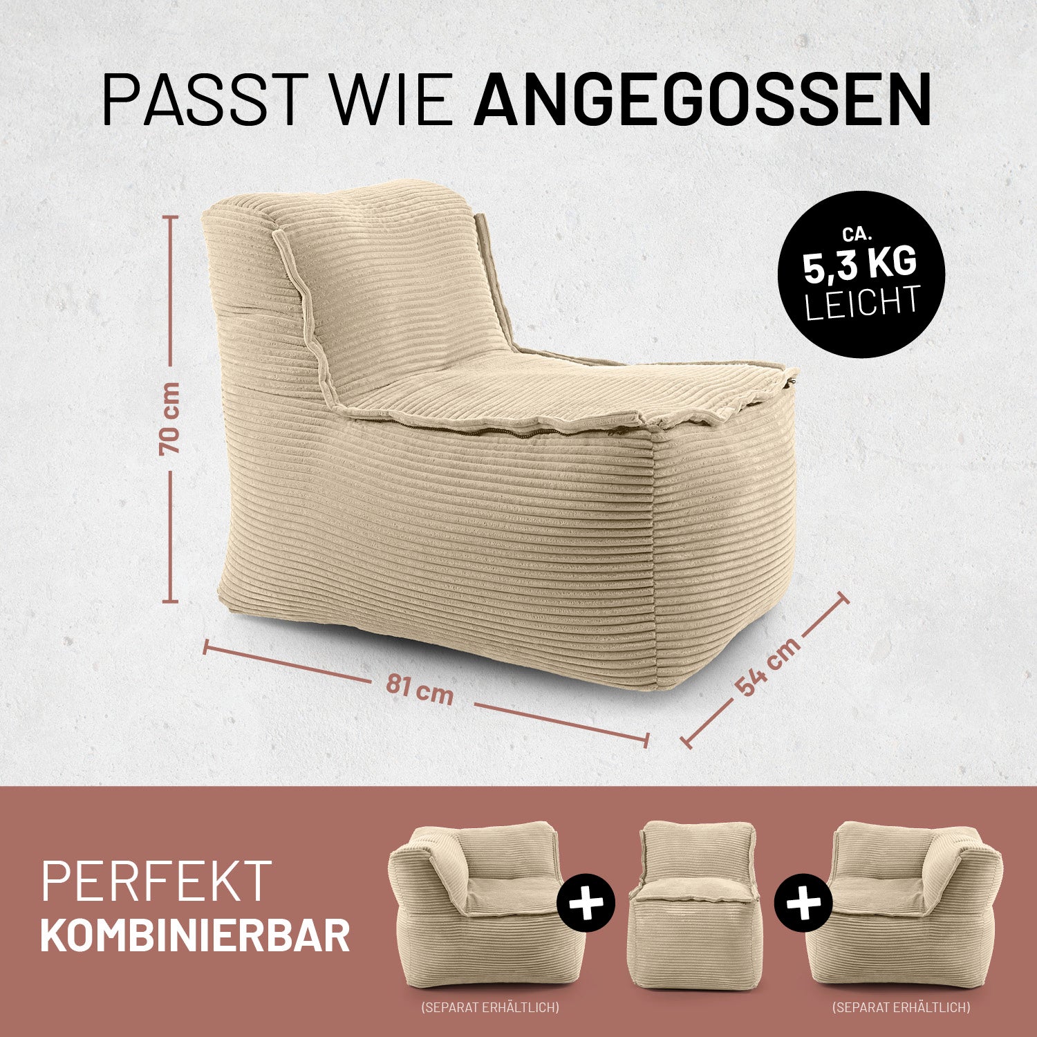 Modulare Mitte aus der LUMALAND Cord-Reihe - 200 L - 81 x 54 x 70 cm - Beige Sitzsack aus kuscheligem Cordstoff, perfekt kombinierbar.