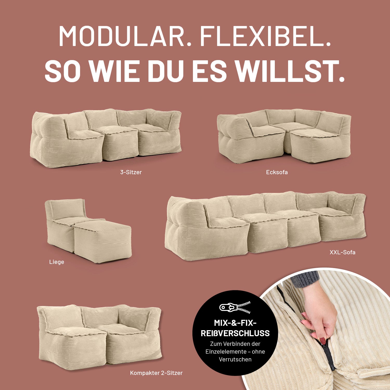 Modulare Mitte aus der LUMALAND Cord-Reihe 200 L Beige als 3-Sitzer, Ecksofa, Liege, XXL-Sofa und kompakter 2-Sitzer darstellbar.
