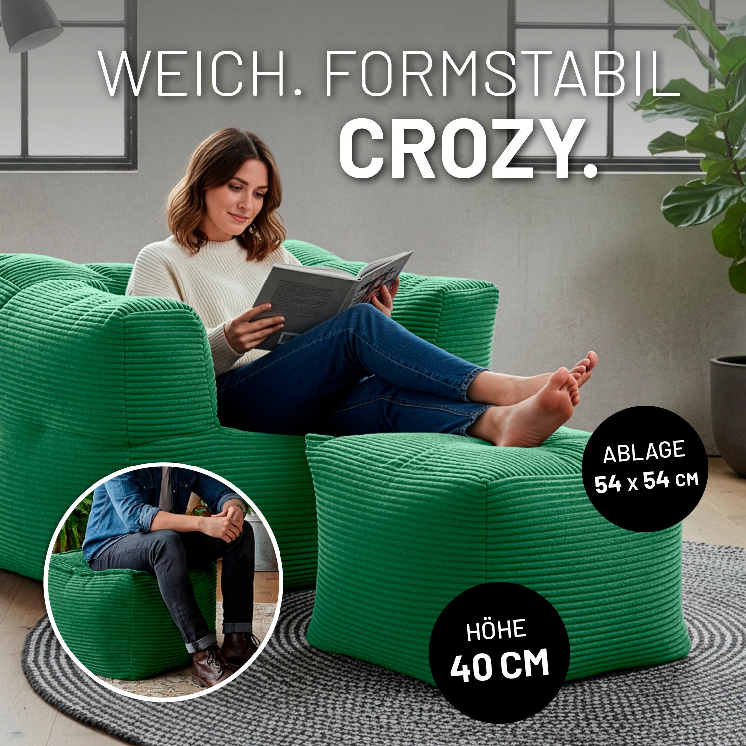 Modularer Hocker aus der LUMALAND Cord-Reihe - 140 L - 54 x 54 x 40 cm - Dunkelgrün als gemütlicher Sitzhocker im Wohnraum
