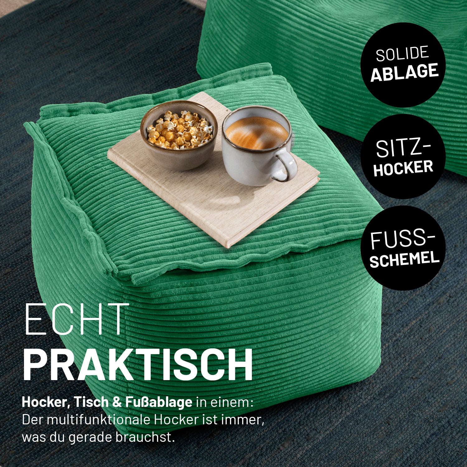 Modularer Hocker aus der LUMALAND Cord-Reihe - 140 L - 54 x 54 x 40 cm - Dunkelgrün als vielseitiger Sitzhocker mit Ablagefläche