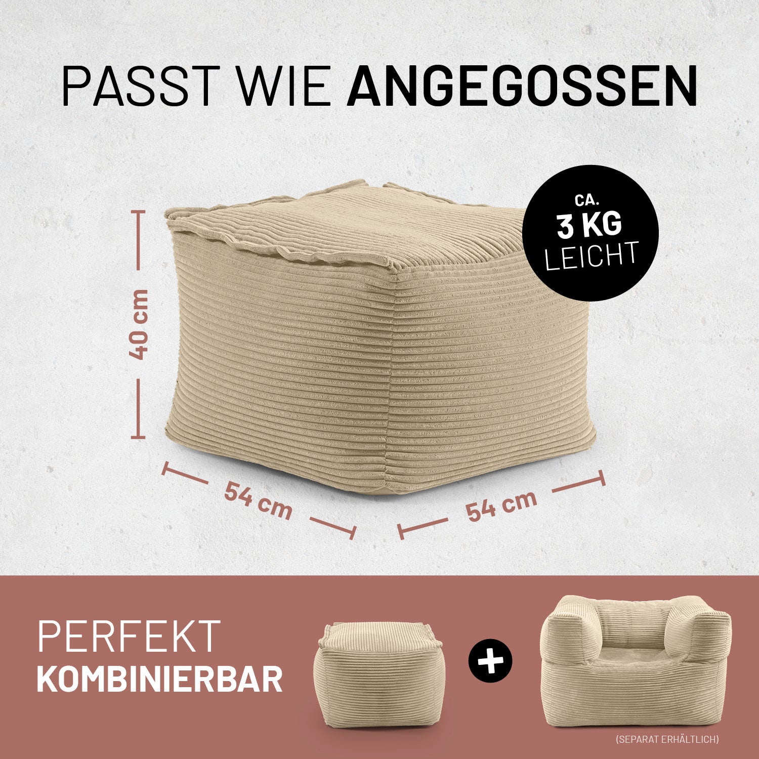 Modularer Hocker aus der LUMALAND Cord-Reihe - 140 L - 54 x 54 x 40 cm - Beige, leichter, kombinierbarer Sitzhocker aus Kuschelcord