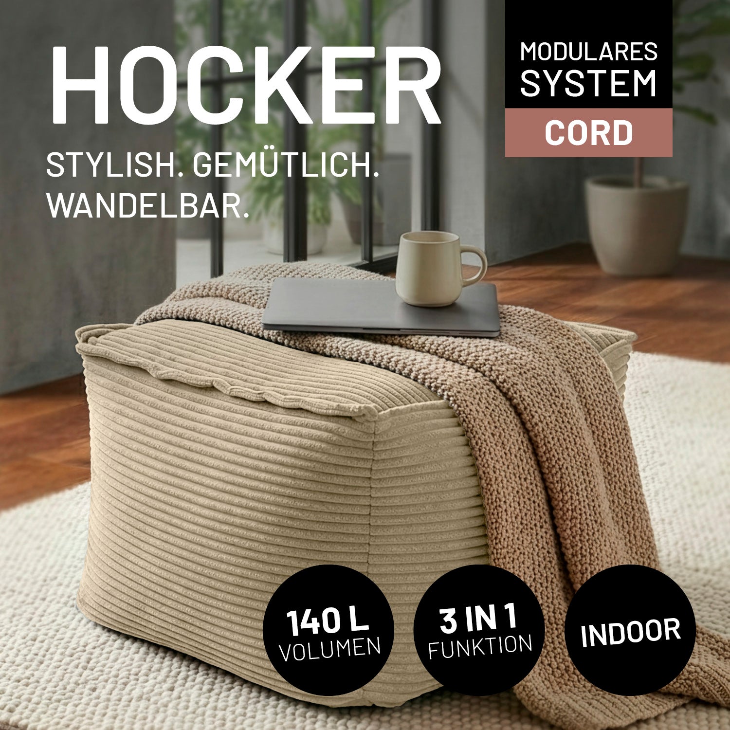 Modularer Hocker aus der LUMALAND Cord-Reihe 140 L beige mit 3-in-1 Funktion und kuscheligem Bezug für Indoorbereich