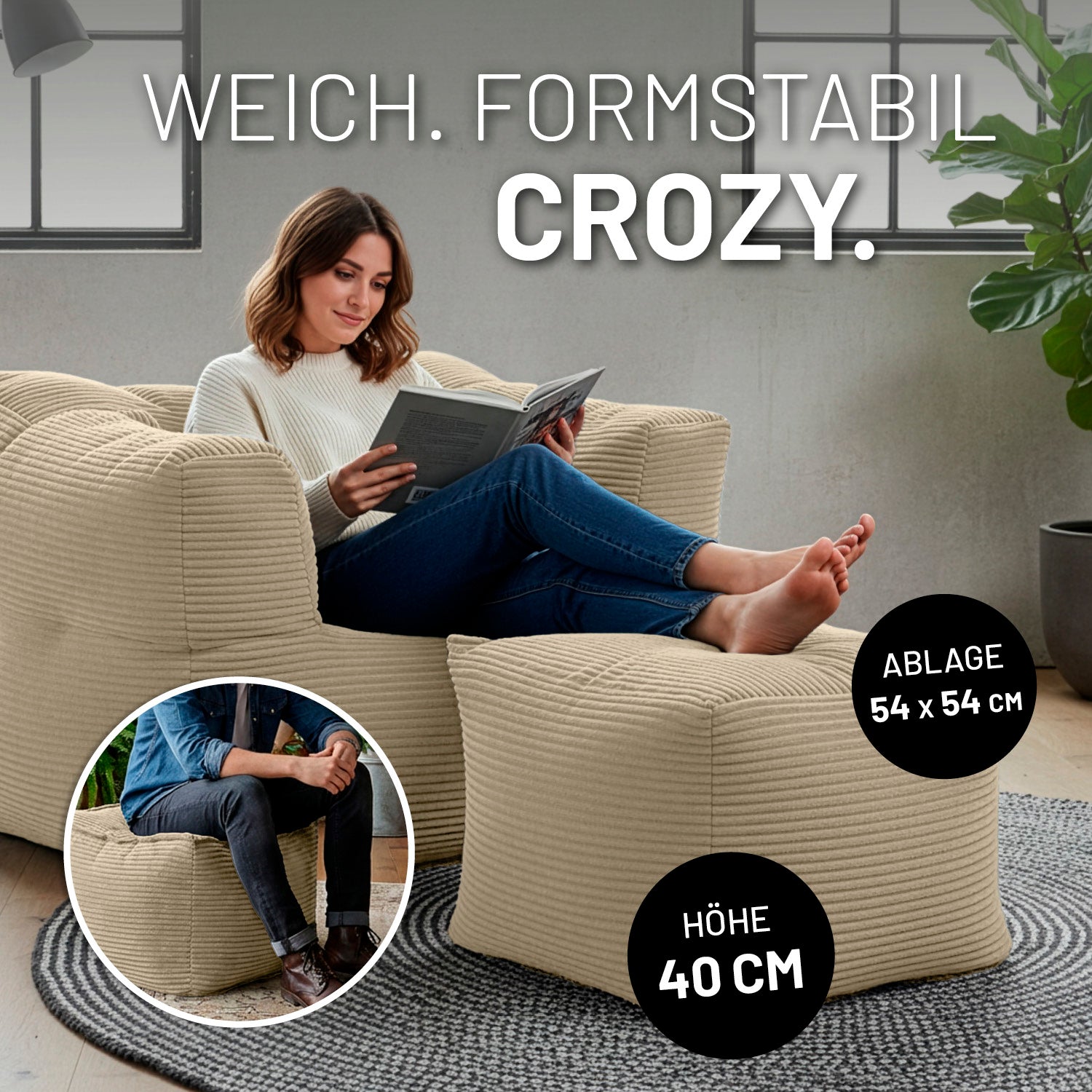 Modularer Hocker aus der LUMALAND Cord-Reihe 140 L Beige 54 x 54 x 40 cm weicher Hocker mit Ablagefunktion und 40 cm Sitzhöhe