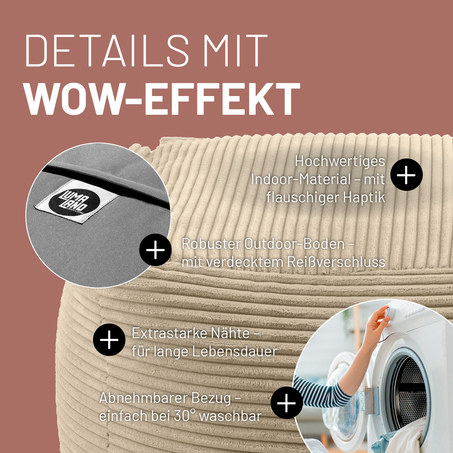 Modularer Hocker aus der LUMALAND Cord-Reihe - 140 L - 54 x 54 x 40 cm - Beige mit hochwertigem Indoor-Material und robustem Outdoor-Boden